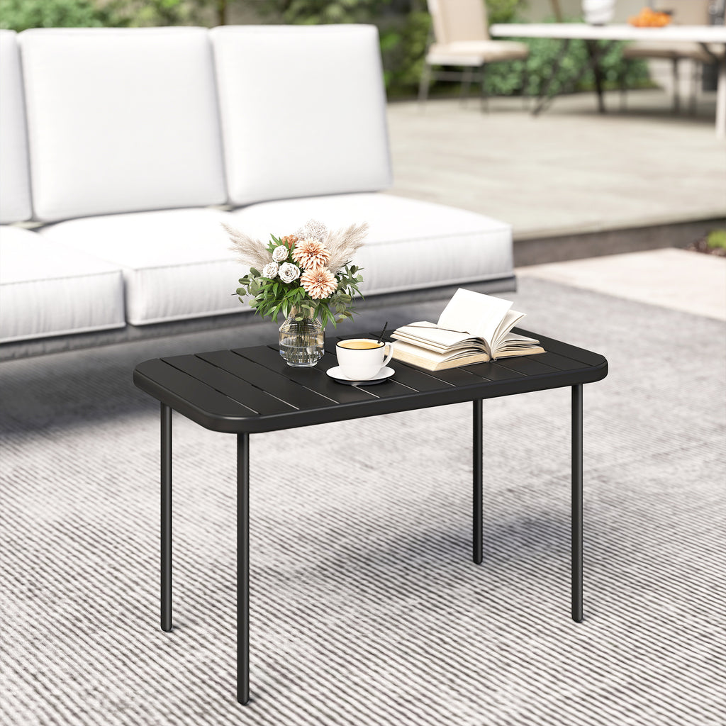 Outdoor Coffee Table, All-Weather Rectangle Metal Patio Coffee Table with Slatted Tabletop for Outside