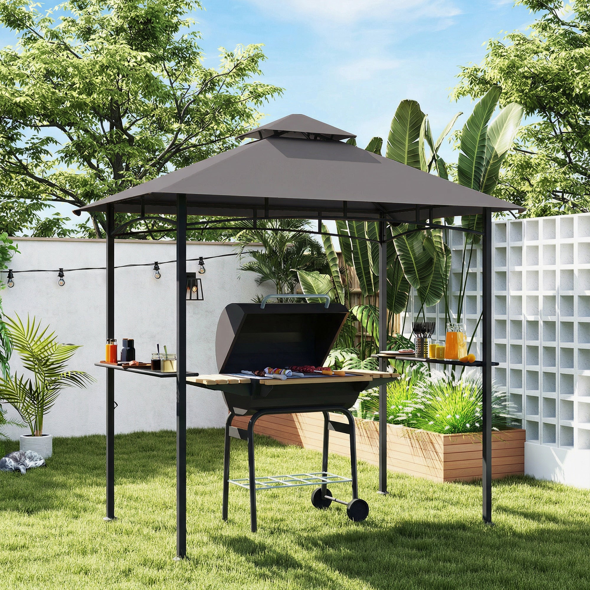 8' x 5' BBQ Grill Gazebo Tent with Double Tiered Canopy for Outdoor Sun Shade, Dark Grey
