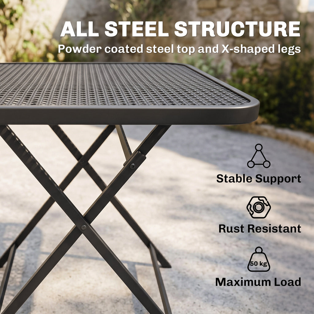 27.5" Square Outdoor Patio Table, Outdoor Folding Table with Grid Rattan-Like Top for Camping, Picnic, Black
