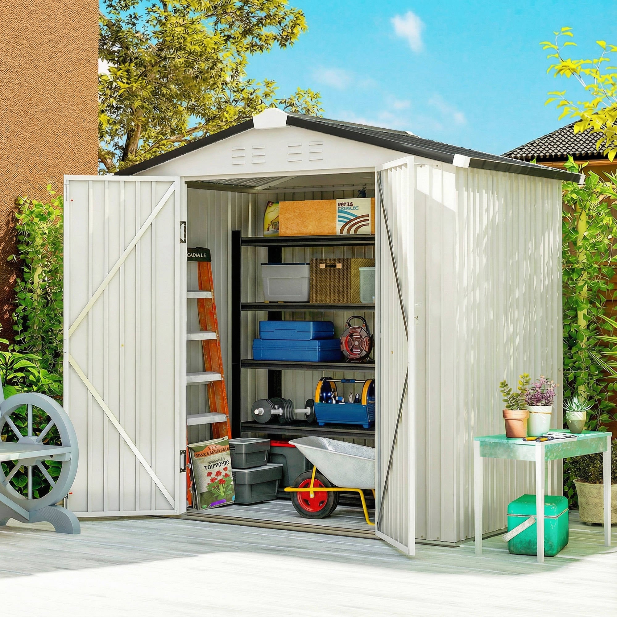 6.5' x 4'  Outdoor Storage Shed, Metal Garden Shed with Lockable Double Doors, 4 Vents, Silver-White