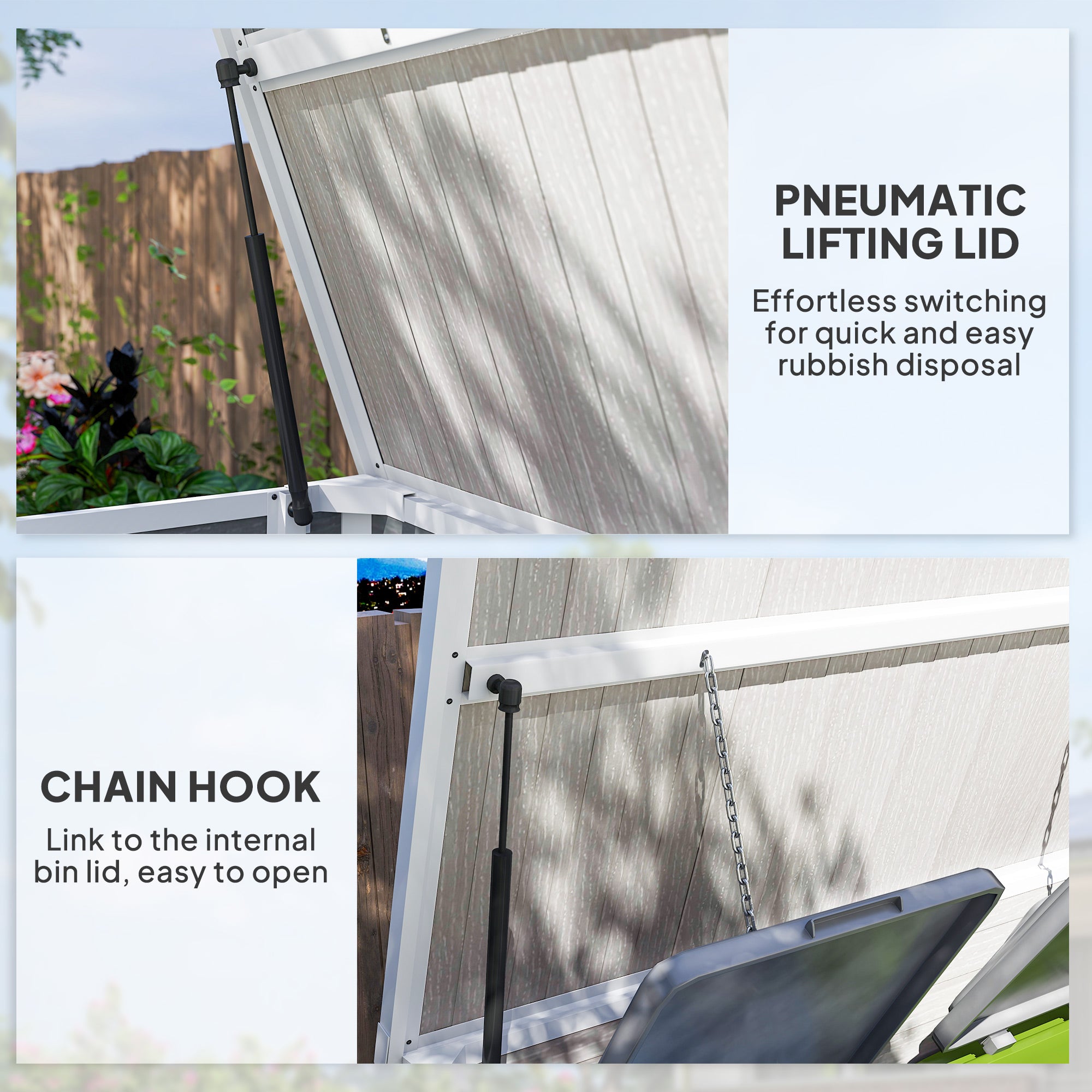 41 Cu. Ft. Outdoor Storage Shed, Outdoor Horizontal Trash Can Storage with Chain Lid, Lockable Storage Box, Light Grey