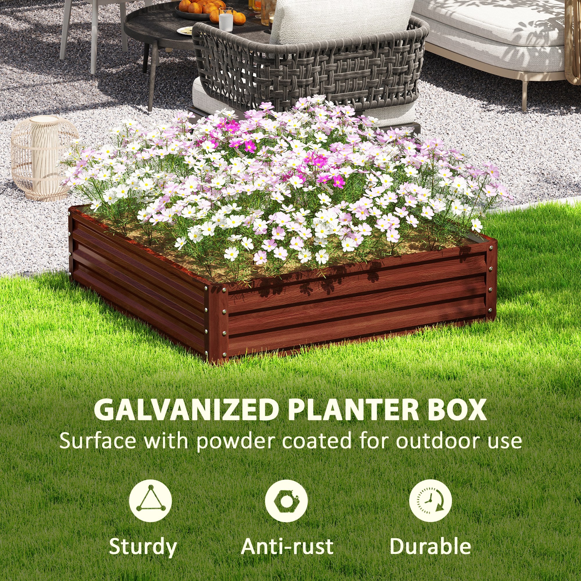 4' x 4' x 1' Raised Garden Bed Galvanized Steel Planter Box for Vegetables, Flowers, Herbs, Dark Brown Wood Effect