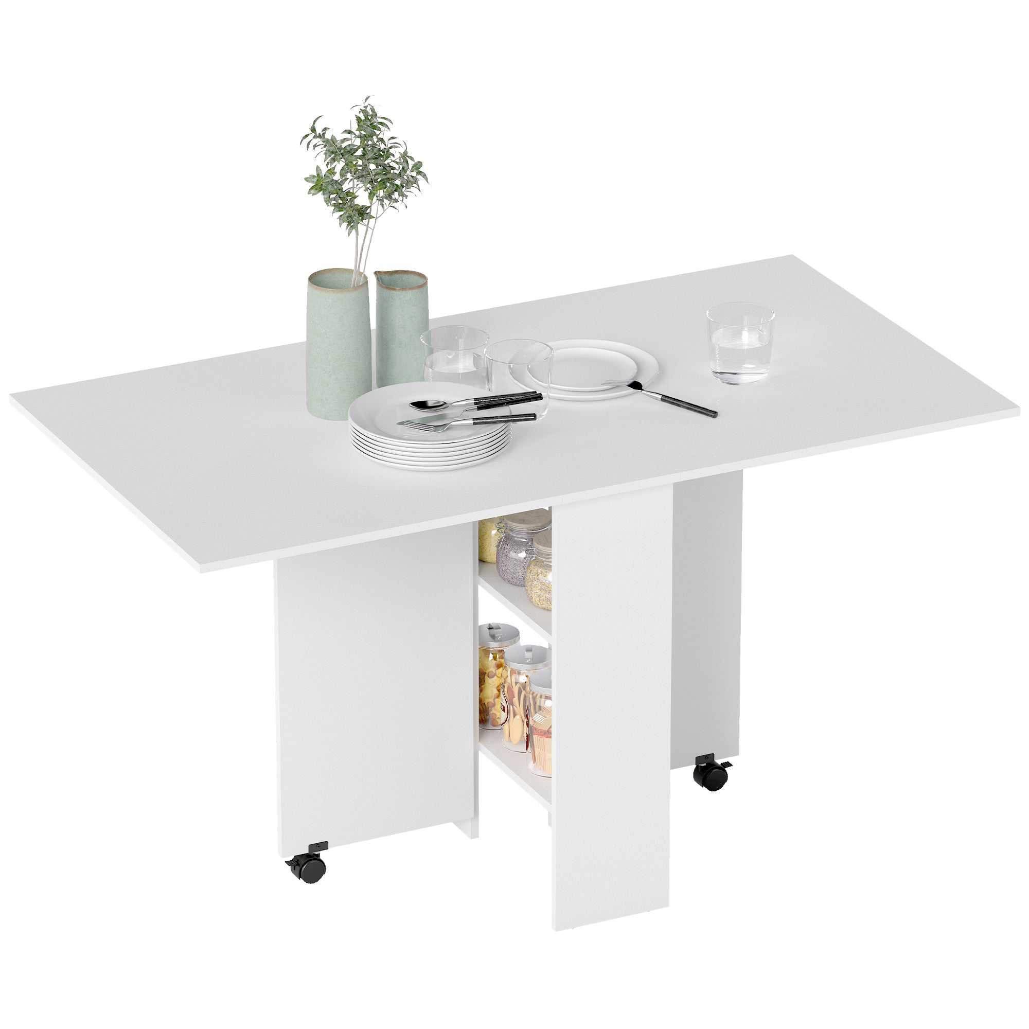 Extendable Dining Table, Collapsible Folding Table w/ 2-tier Shelves and Rolling Casters, White