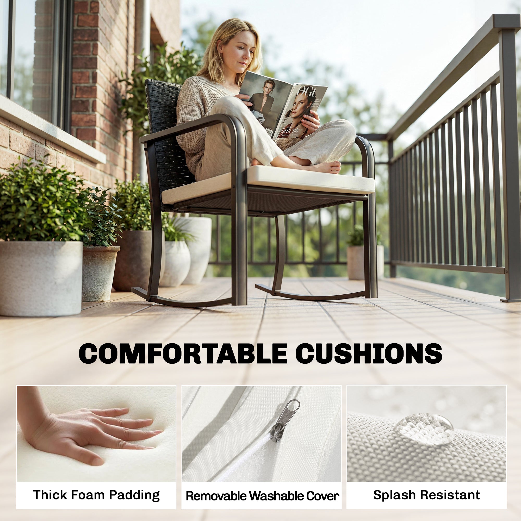 3 Pieces Rocking Bistro Set Outdoor Patio Furniture Set with Cushions, Glass Coffee Table for Balcony, Cream White