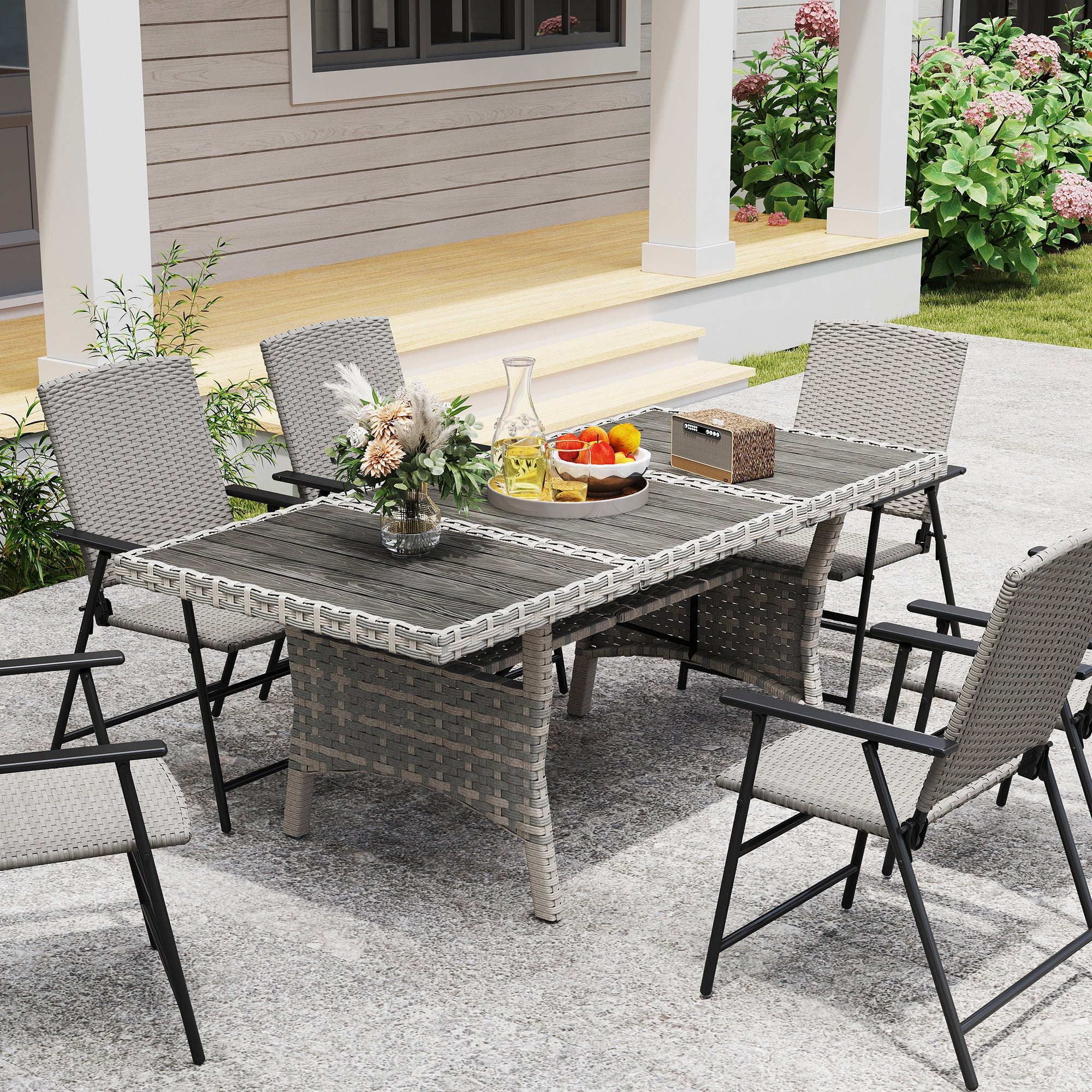 75" Outdoor Dining Table for 6-8, Wicker Patio Table with Storage Shelf and WPC Slatted Top for Balcony, Grey
