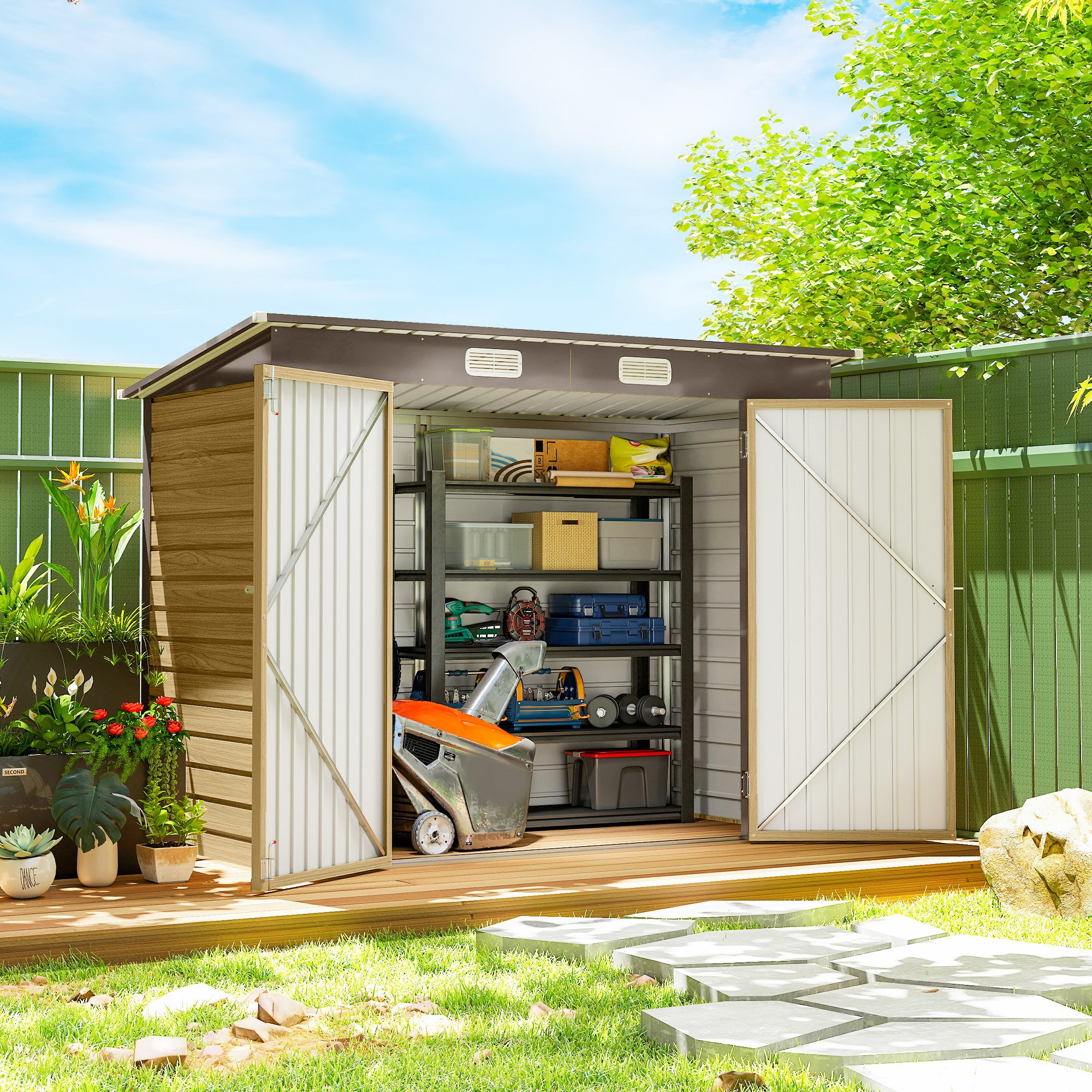 8 x 4FT Galvanized Garden Storage Shed, Metal Outdoor Shed with Double Doors and 2 Vents, Oak