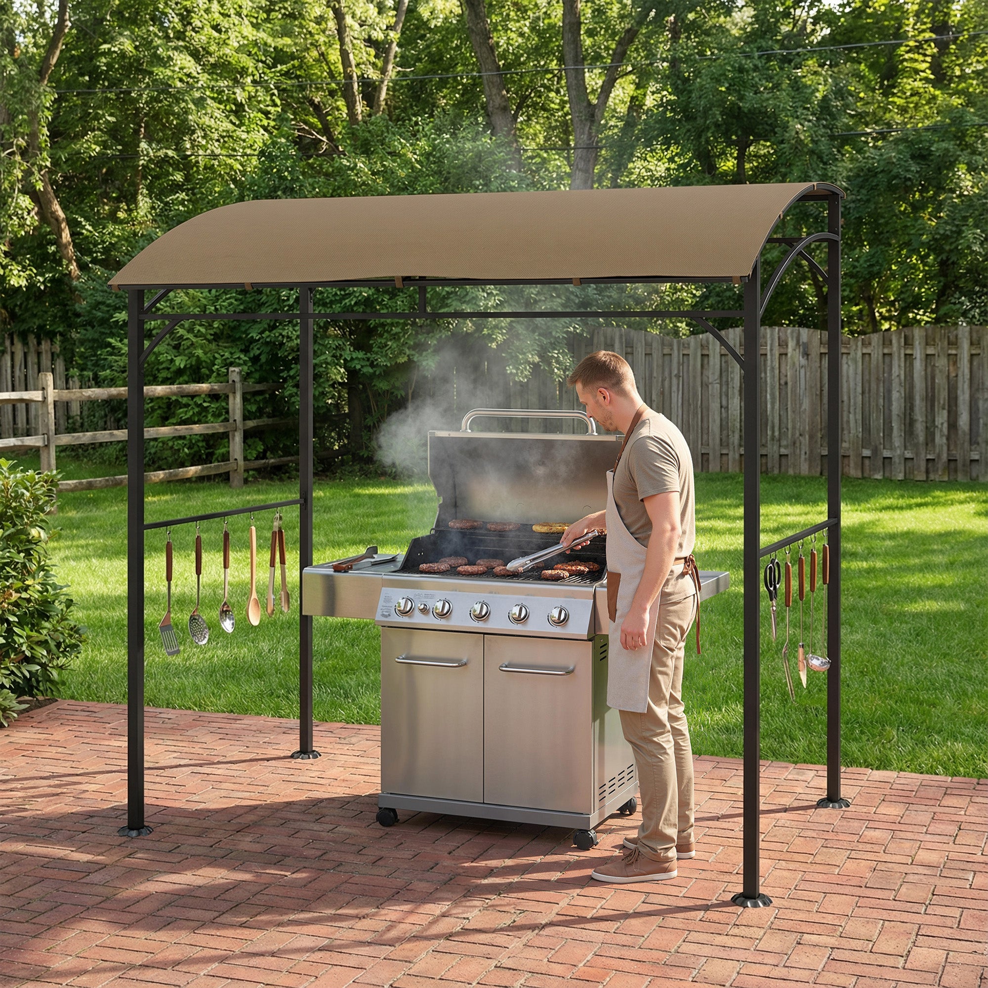 7' x 5' Garden Grill Canopy, BBQ Grill Gazebo Tent with Steel Frame and Hooks, Outdoor Sun Shade, Dark Coffee