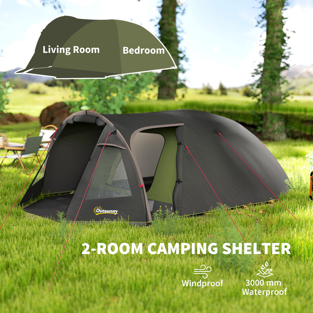 2-4 Man Camping Tent, 3000mm Waterproof Tunnel Tent with 2 Rooms, Sewn-in Groundsheet, 3 Doors and Hook