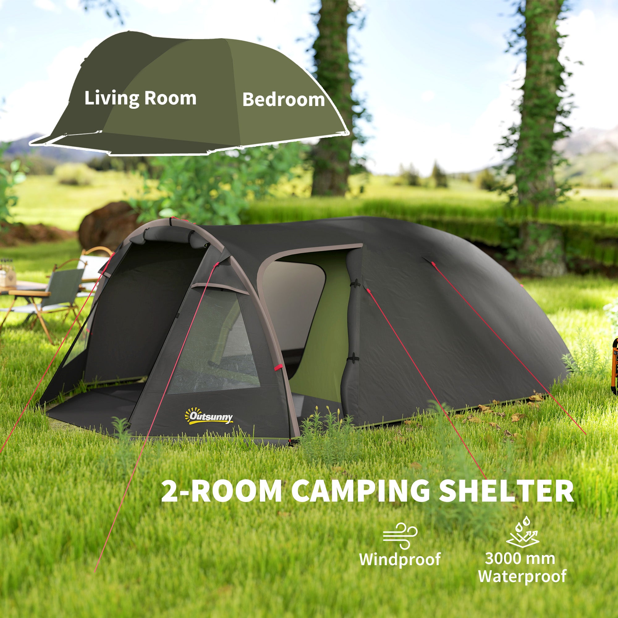 2-4 Man Camping Tent, 3000mm Waterproof Tunnel Tent with 2 Rooms, Sewn-in Groundsheet, 3 Doors and Hook