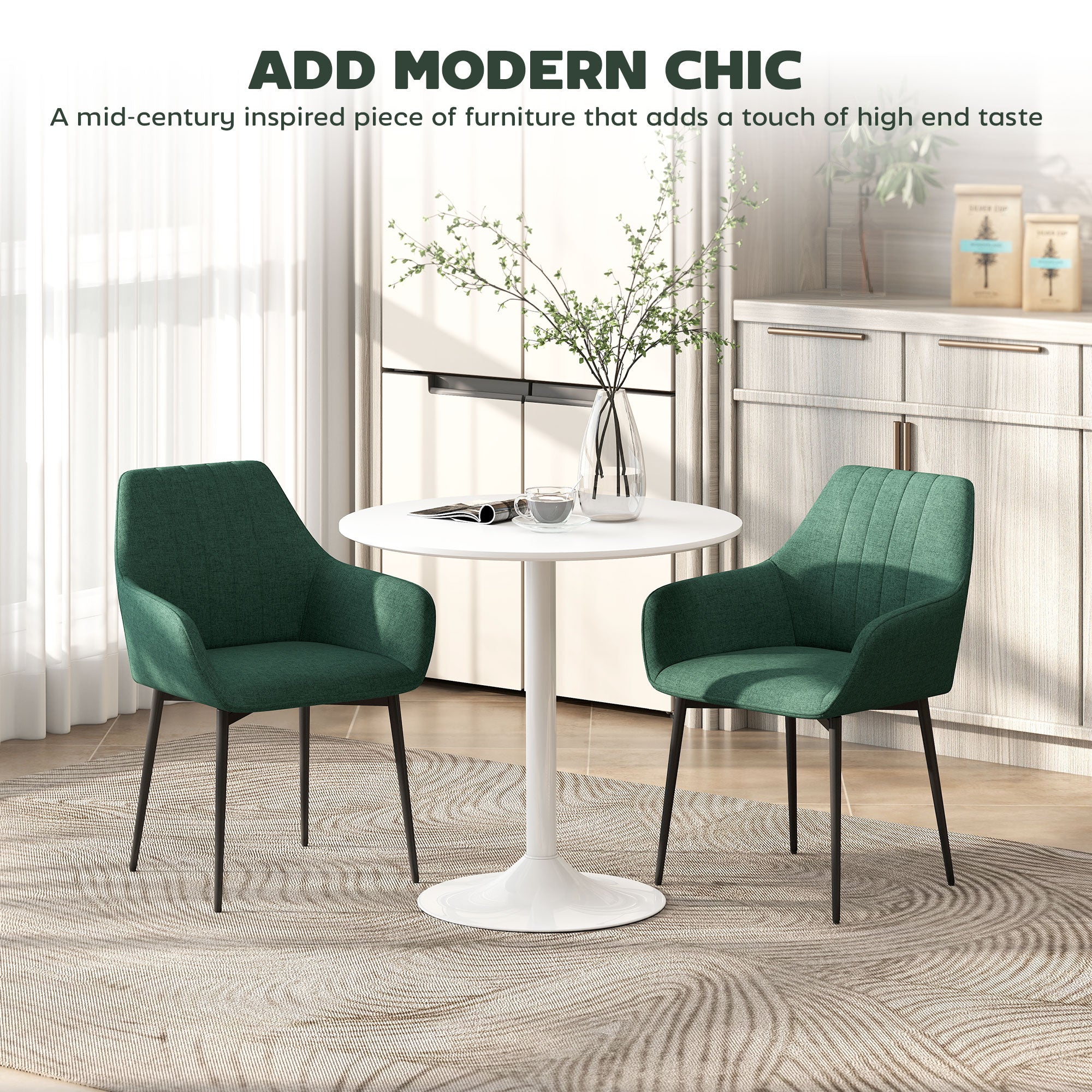 Dining Chairs Set of 2, Upholstered Linen Fabric Accent Chairs with Metal Legs, Dark Green