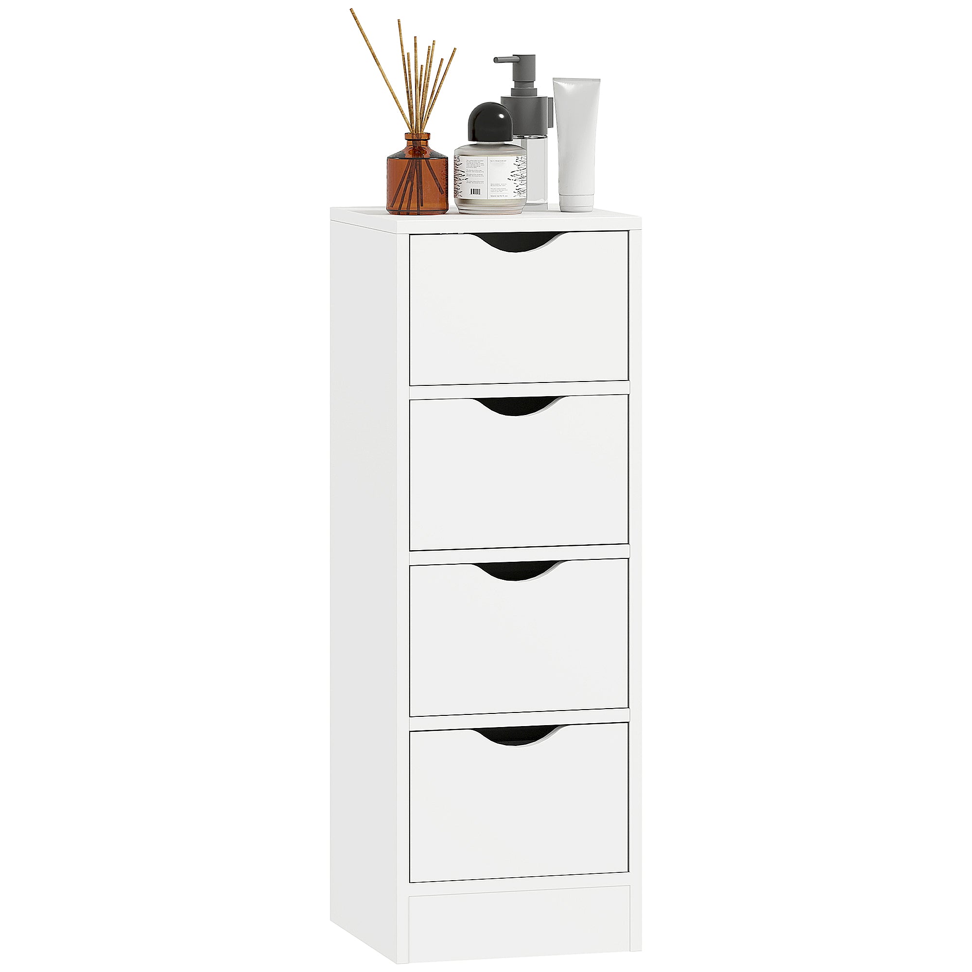 4-Drawer Bathroom Cabinet, Freestanding Narrow Storage Cabinet with Groove Handles for Small Spaces, White