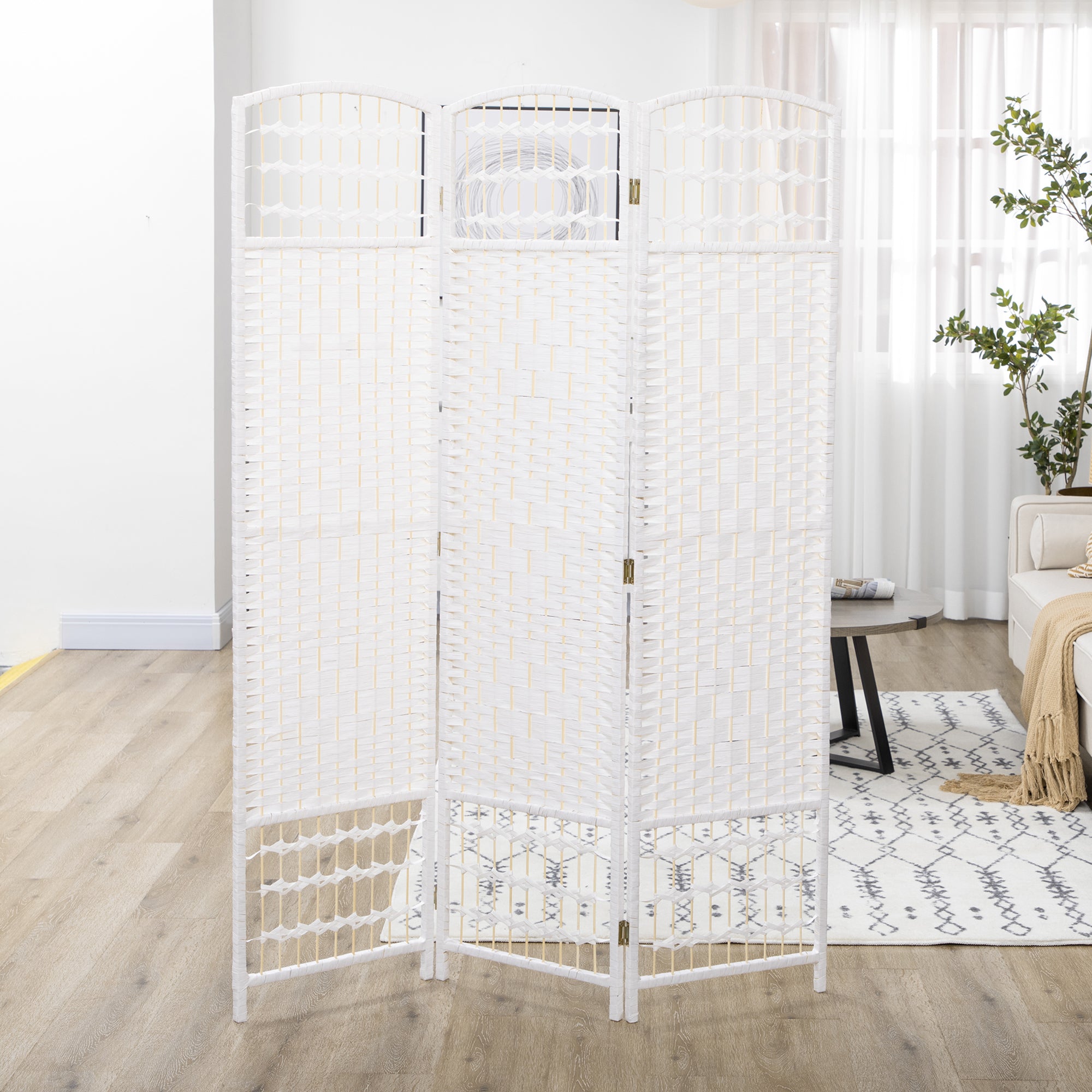 3 Panel Folding Room Divider, Portable Privacy Screen, Wave Fiber Room Partition for Home Office, White