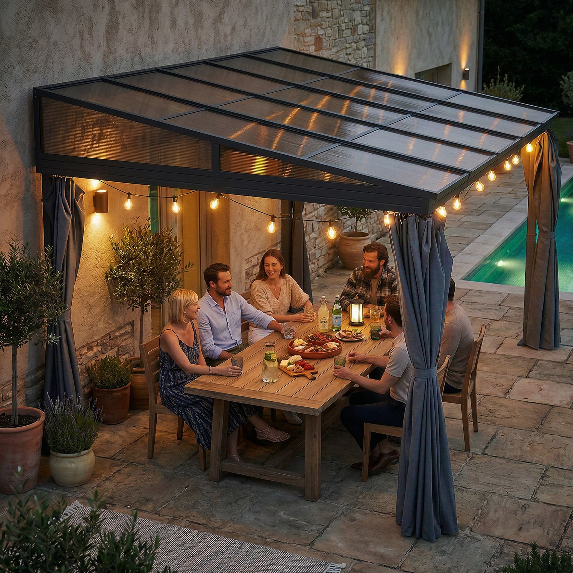 10' x 13' Outdoor Hardtop Pergola Gazebo with Polycarbonate Roof, UV Protection Sun Shelter with Curtains for Garden, Patio and Outdoor Events