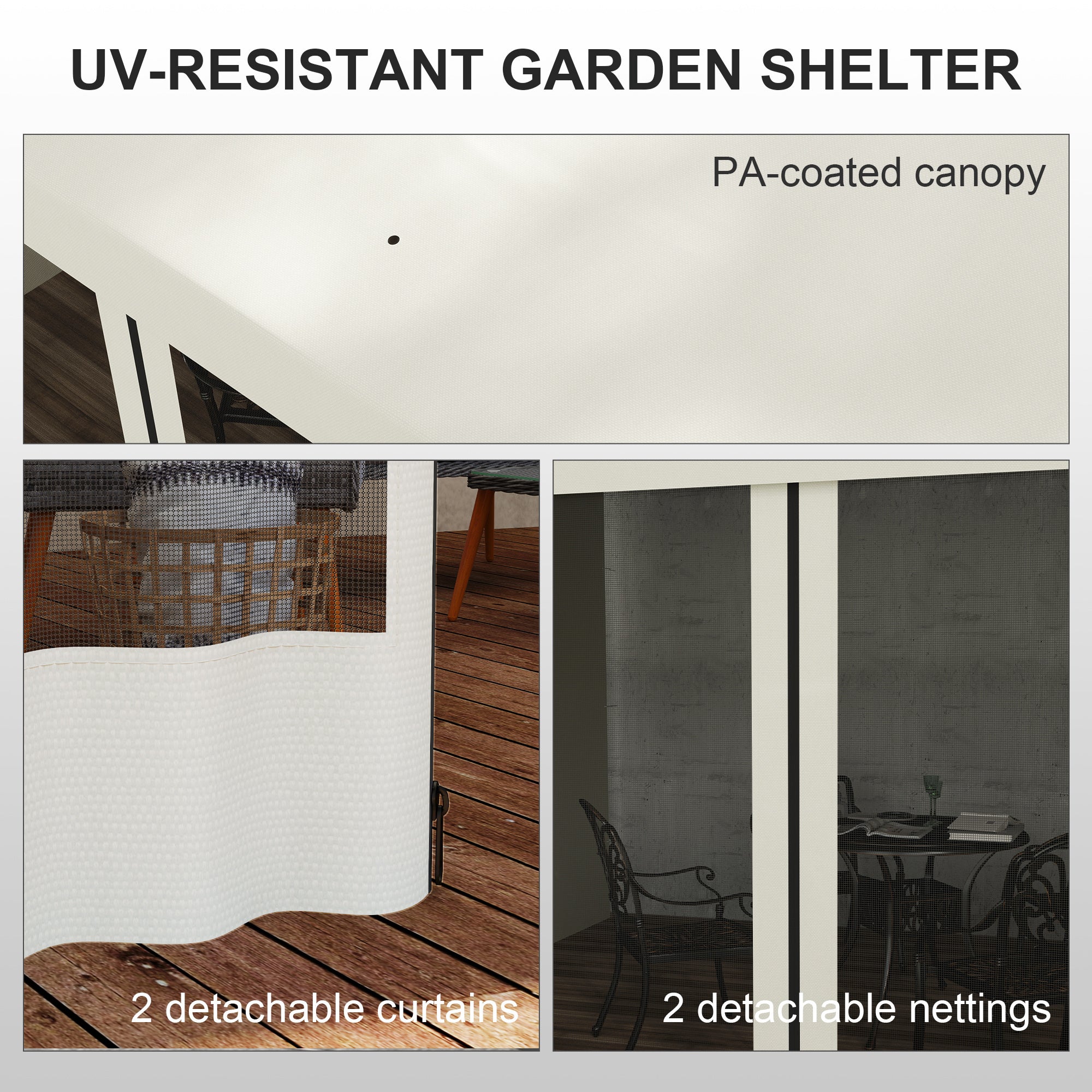 10' x 10' Wall Pergola, Outdoor Gazebo with 2 Curtains and 2 Nettings, UV Resistant, for Patio, Deck, Beige