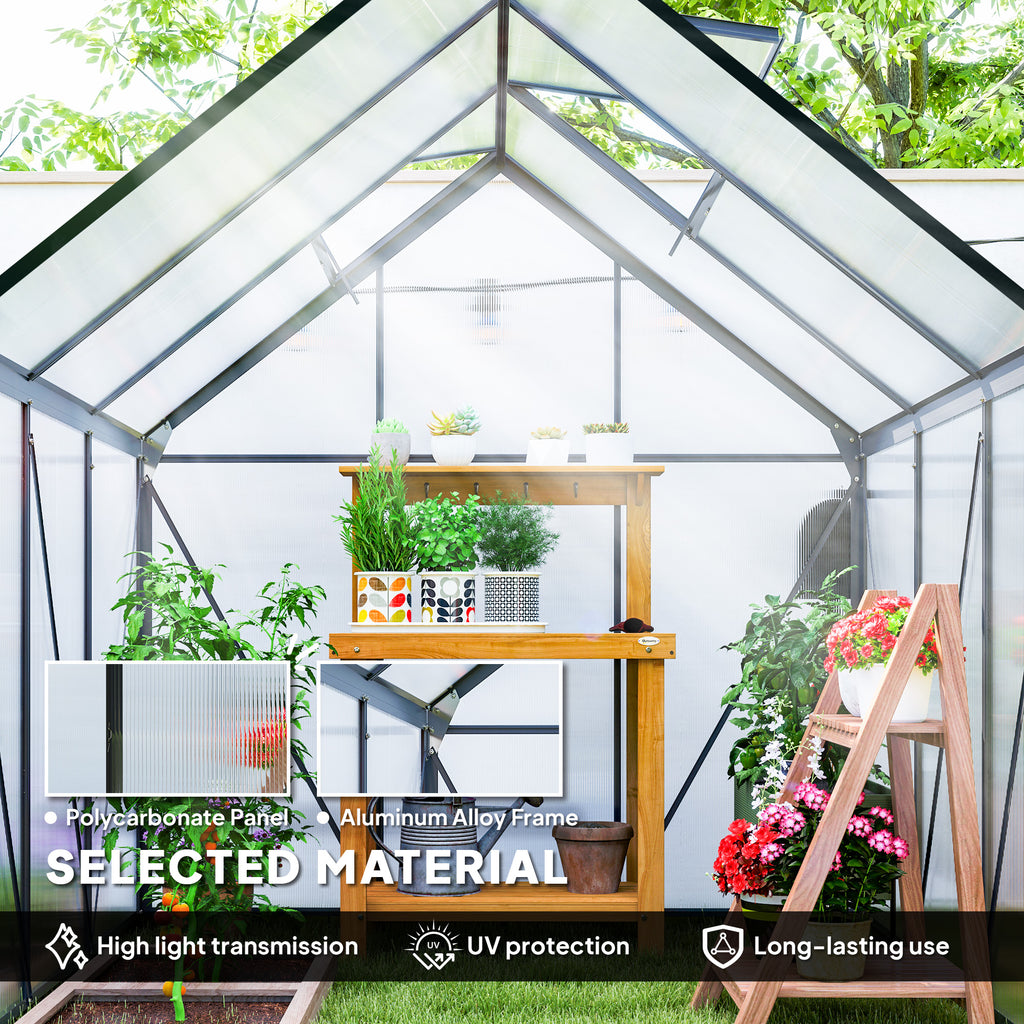 6' x 6' x 6.5' Polycarbonate Greenhouse, Walk-in Green House with Adjustable Roof Vent Galvanized Base Sliding Door Rain Gutter for Outdoor Garden Backyard, Grey
