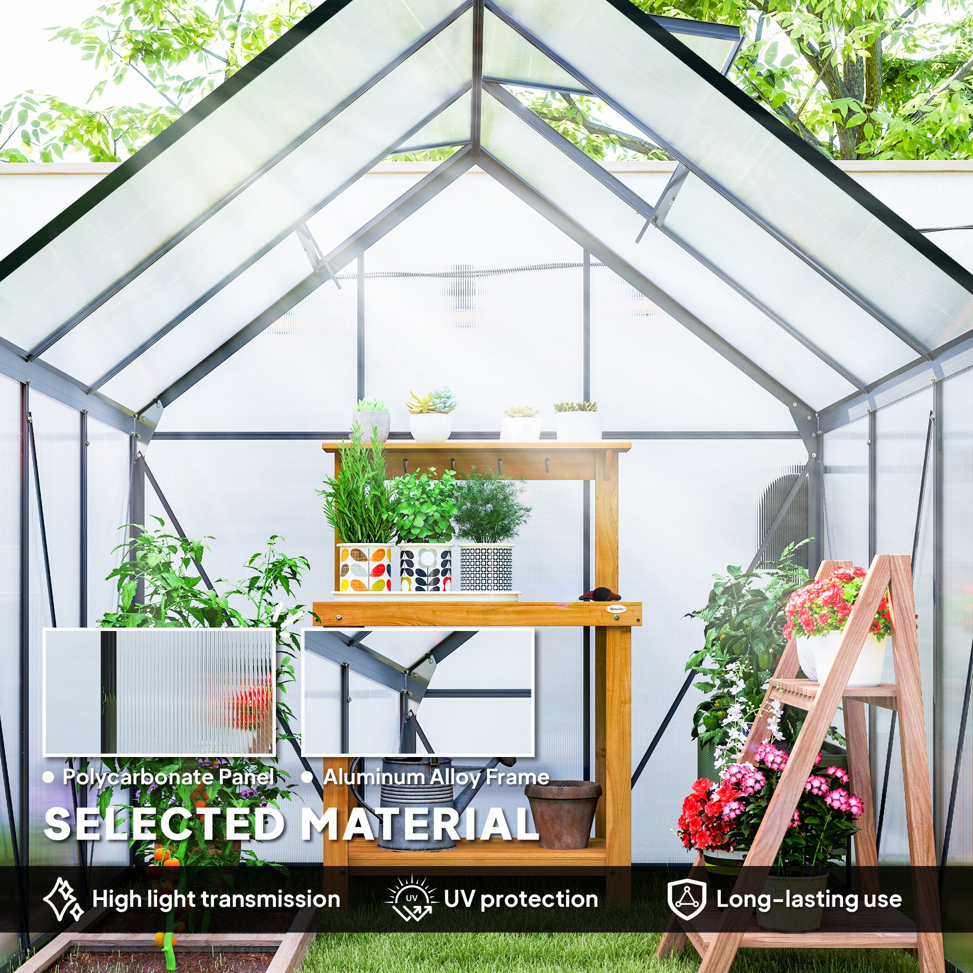6' x 6' x 6.5' Polycarbonate Greenhouse, Walk-in Green House with Adjustable Roof Vent Galvanized Base Sliding Door Rain Gutter for Outdoor Garden Backyard, Grey
