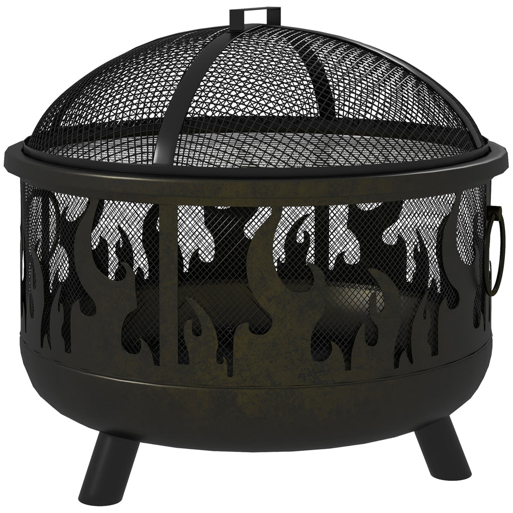Outdoor Metal Fire Pit, 24" Round Firepit Bowl w/ Lid Grill Poker Handles for Garden, Camping, BBQ, Bonfire, Black