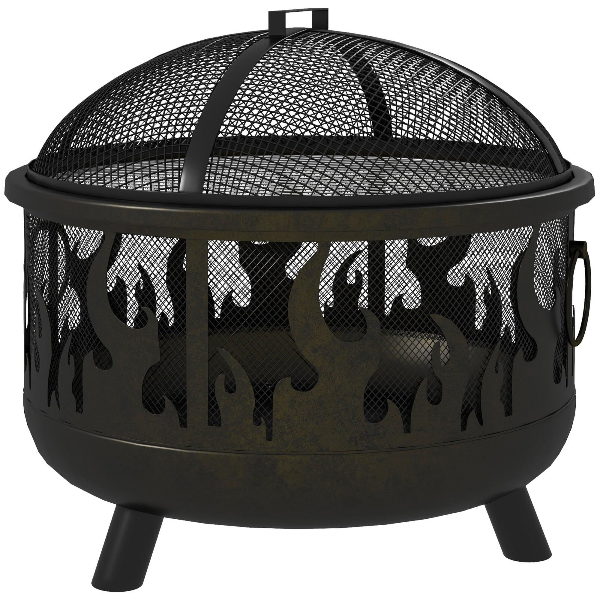 Outdoor Metal Fire Pit, 24" Round Firepit Bowl w/ Lid Grill Poker Handles for Garden, Camping, BBQ, Bonfire, Black