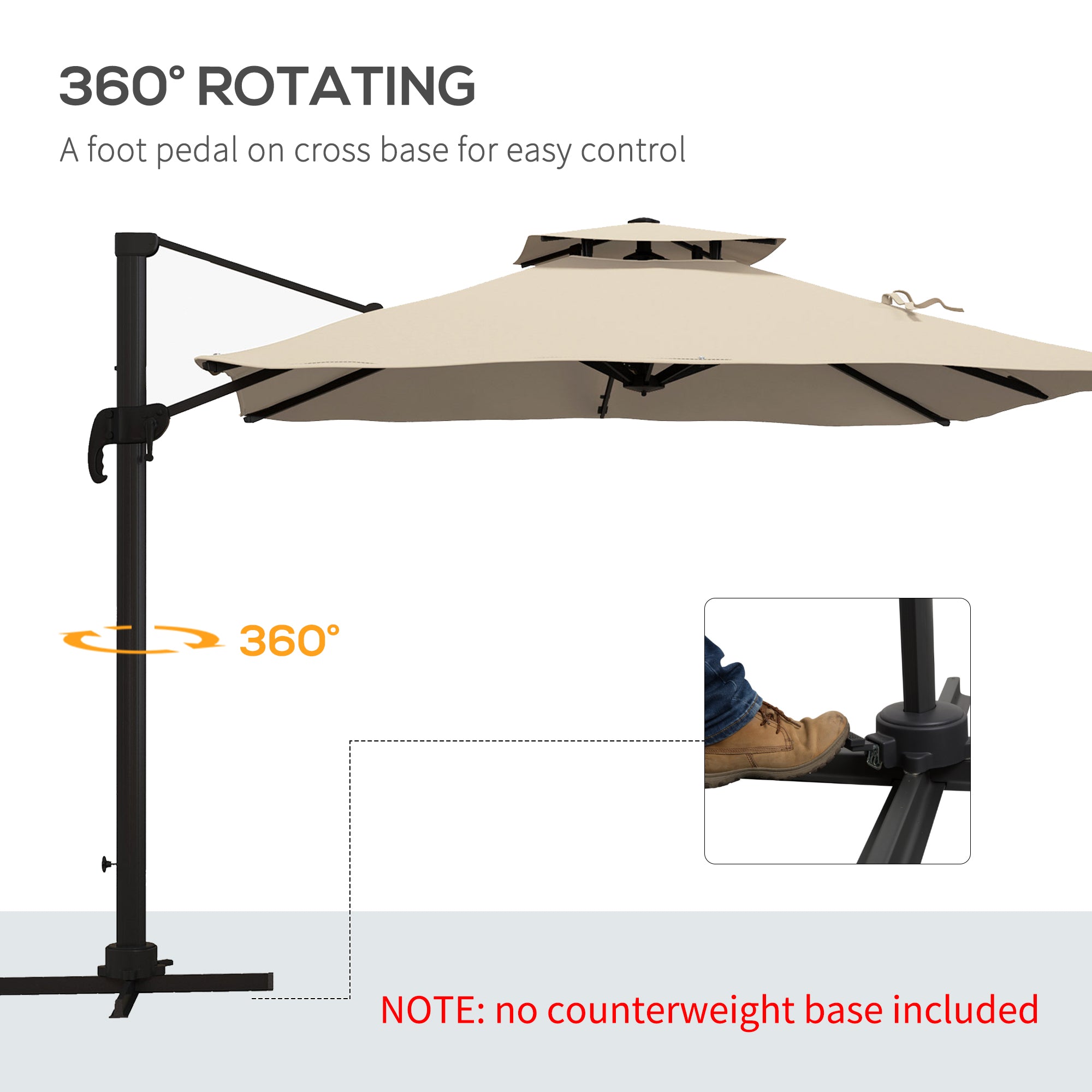 10ft Square Cantilever Patio Umbrella, 360Â° Rotating Overhanging Umbrella with Cross Base, Crank Handle, Khaki