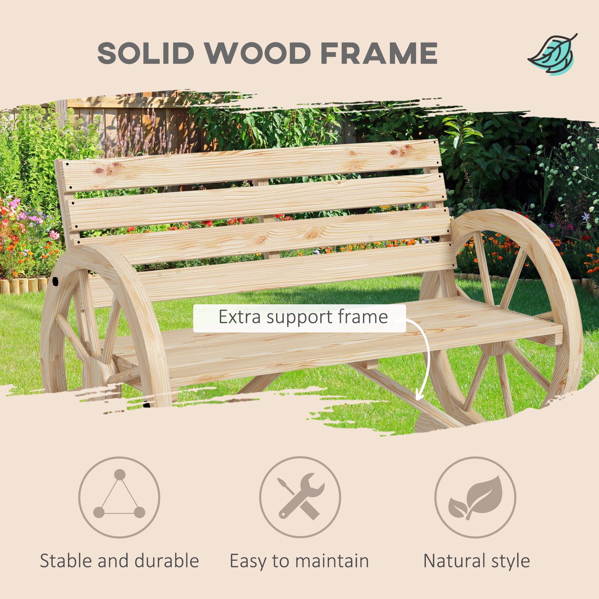 42" Wood Wagon Wheel Bench Garden Loveseat Rustic Seat, Natural Wood