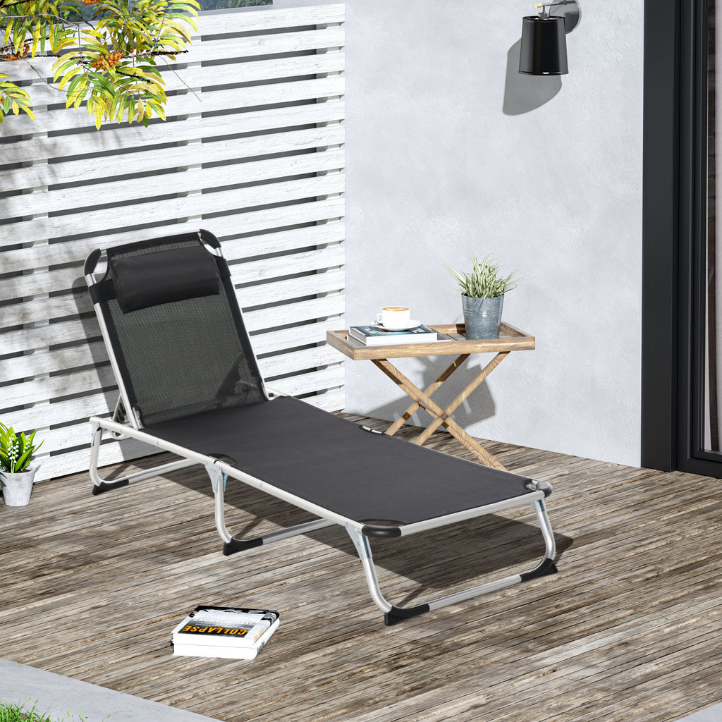 Folding Lounge Chair, Patio Lounger with Headrest, 5-Level Adjustable Backrest, and Aluminum Frame, Black