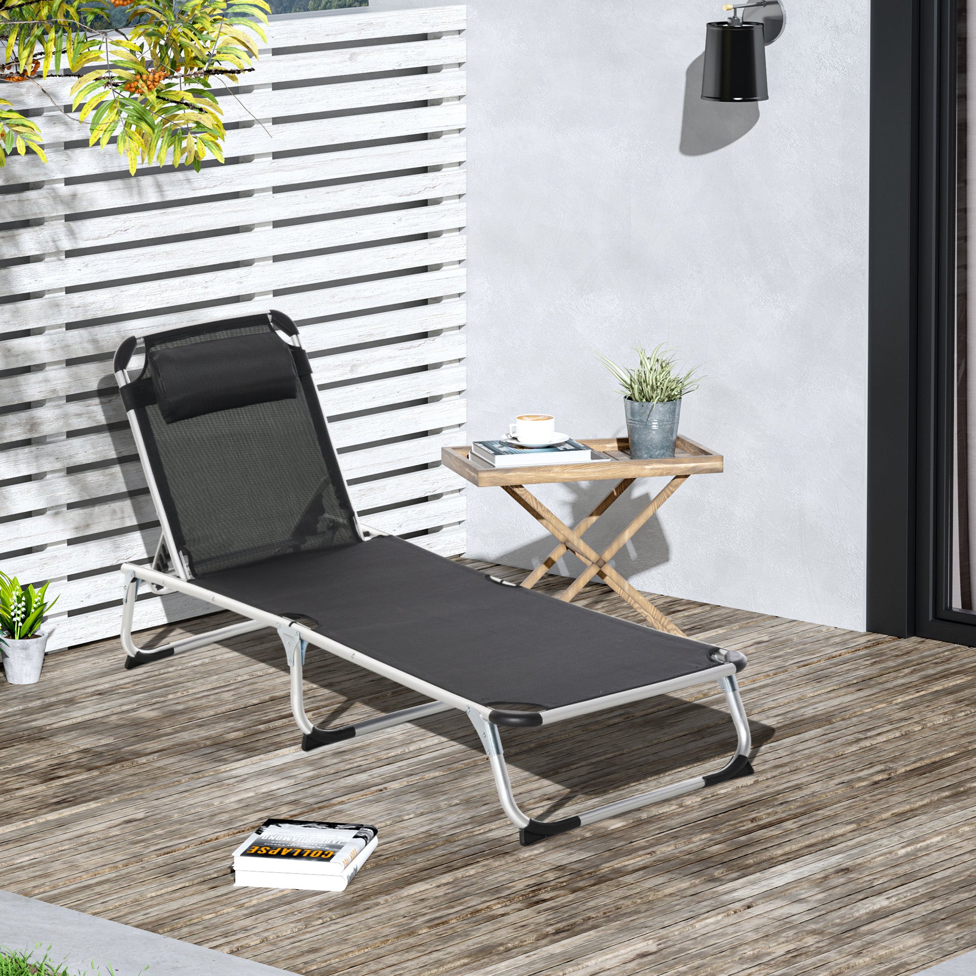 Folding Lounge Chair, Patio Lounger with Headrest, 5-Level Adjustable Backrest, and Aluminum Frame, Black