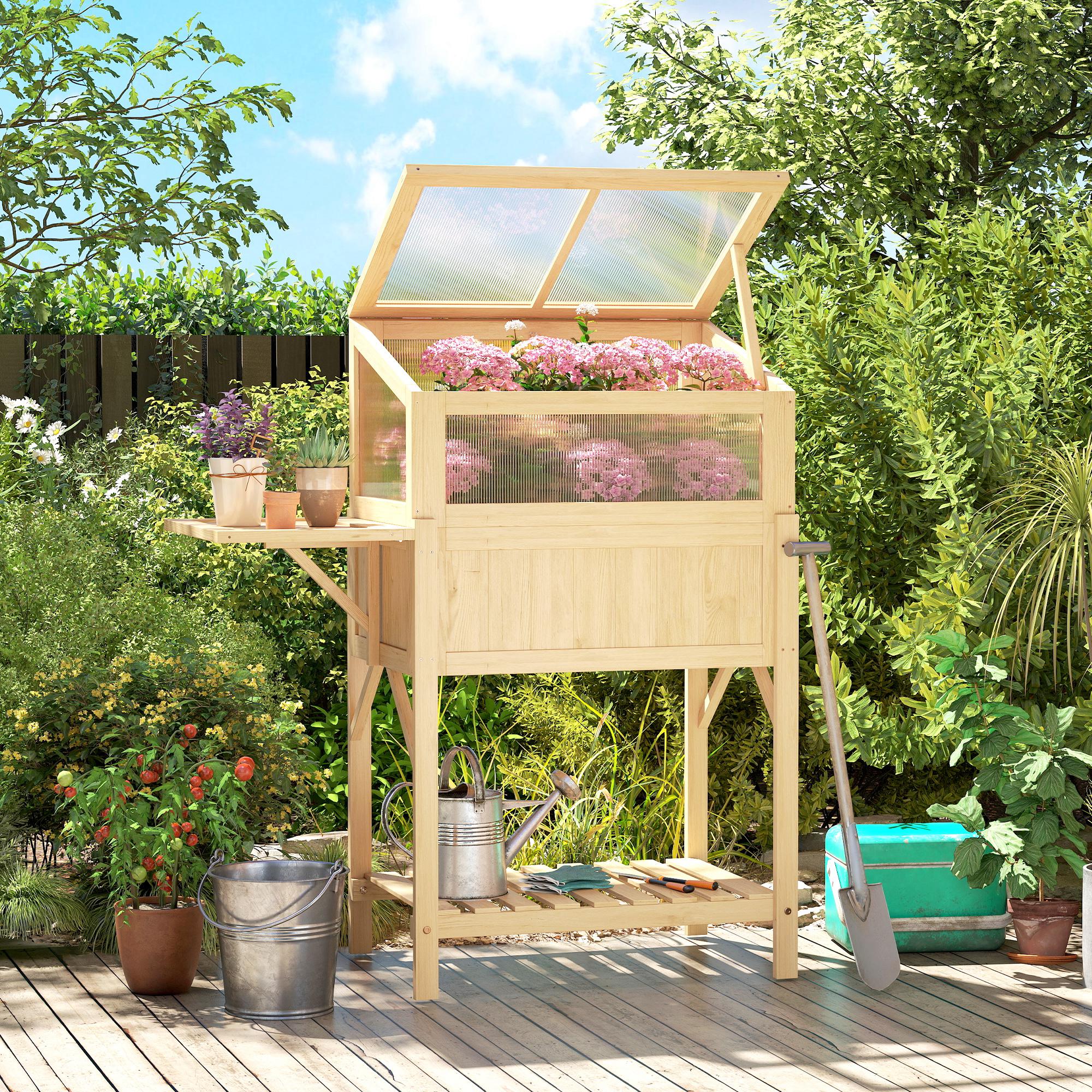 Raised Garden Bed Planter with Cold Frame, Wooden Elevated Planter Box with Folding Side Table and Shelf, Natural Wood