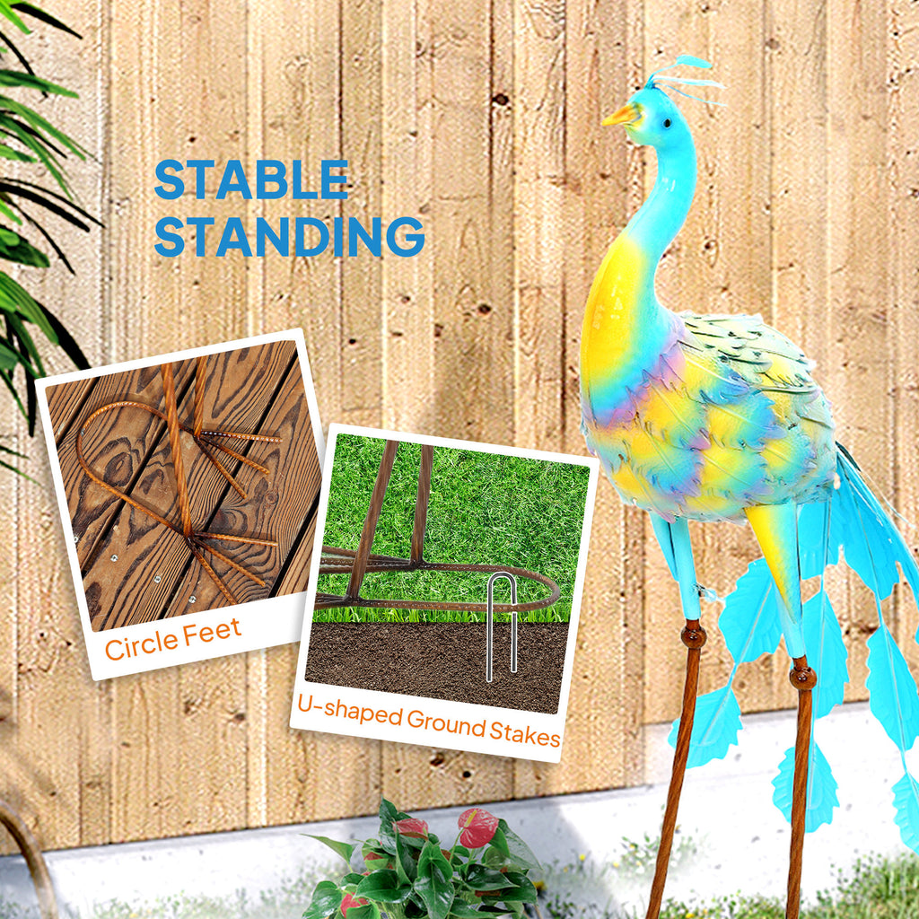 Peacock Garden Statue, 32.7" Standing Lawn Ornament, Steel Garden Decor Bird Statue with Stakes for Lawn Patio Backyard Decoration, Sky Blue