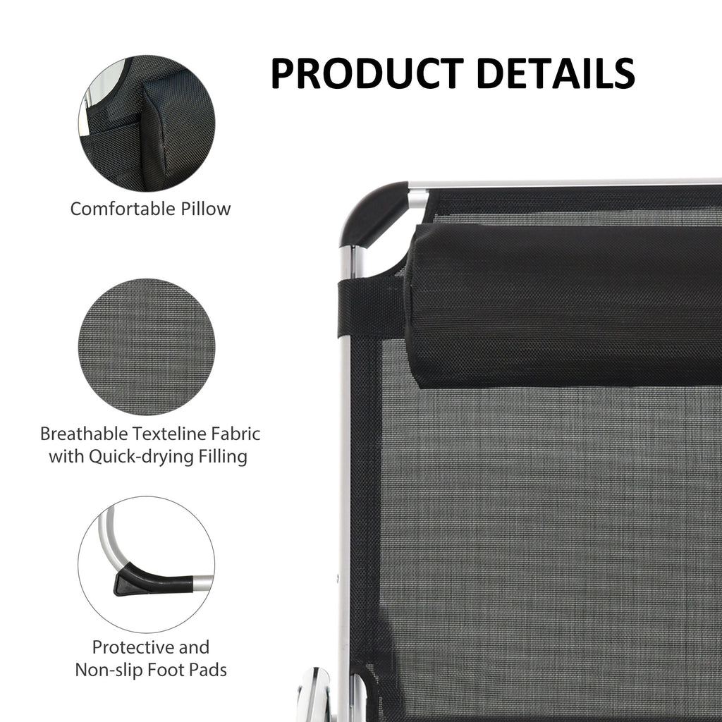 Folding Lounge Chair, Patio Lounger with Headrest, 5-Level Adjustable Backrest, and Aluminum Frame, Black