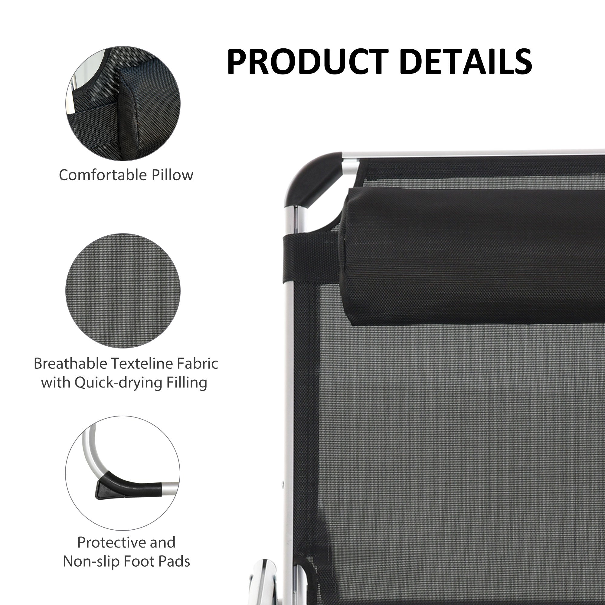 Folding Lounge Chair, Patio Lounger with Headrest, 5-Level Adjustable Backrest, and Aluminum Frame, Black