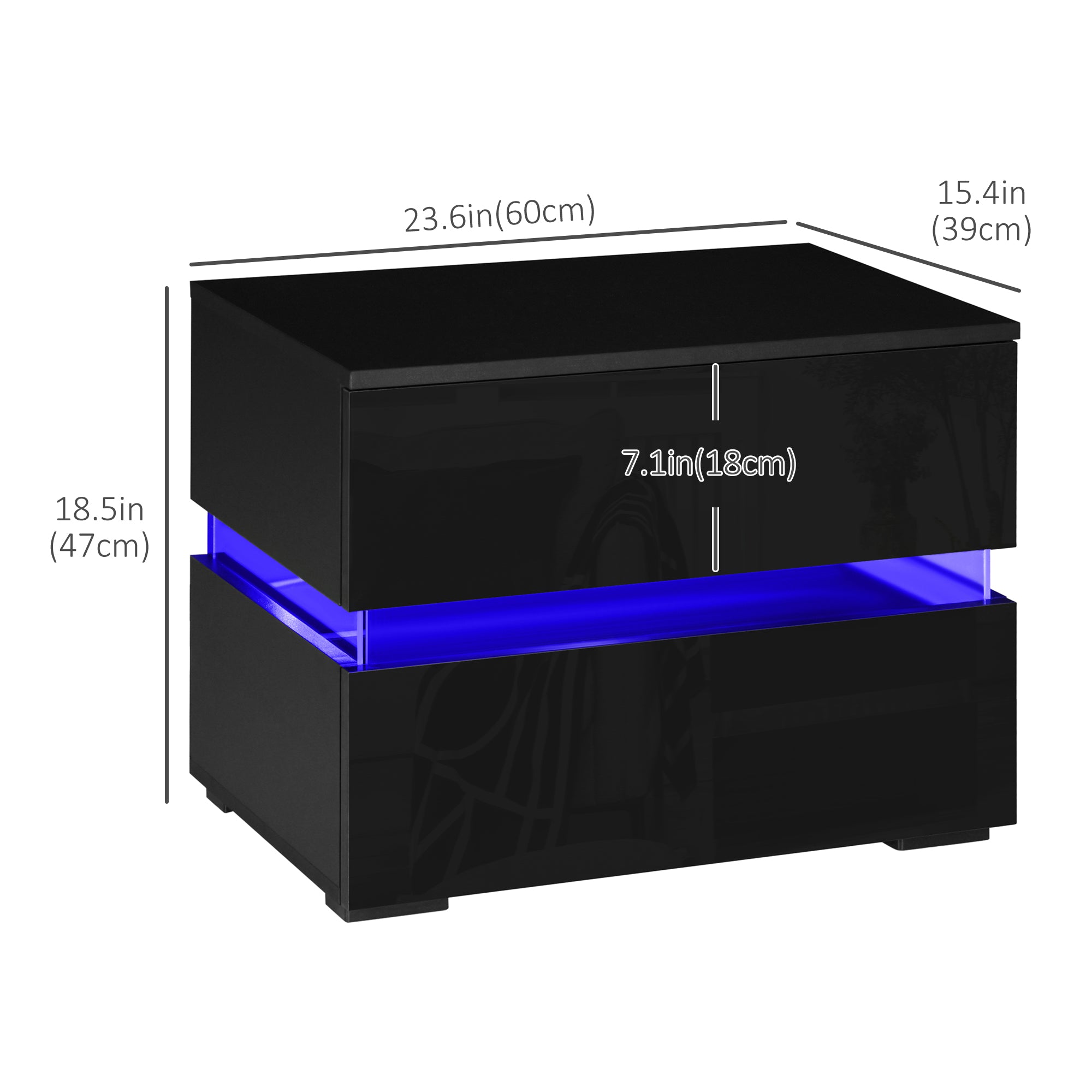 Modern Nightstand, Bedside Table with 2 Drawers, RGB LED Lights for Bedroom, Black