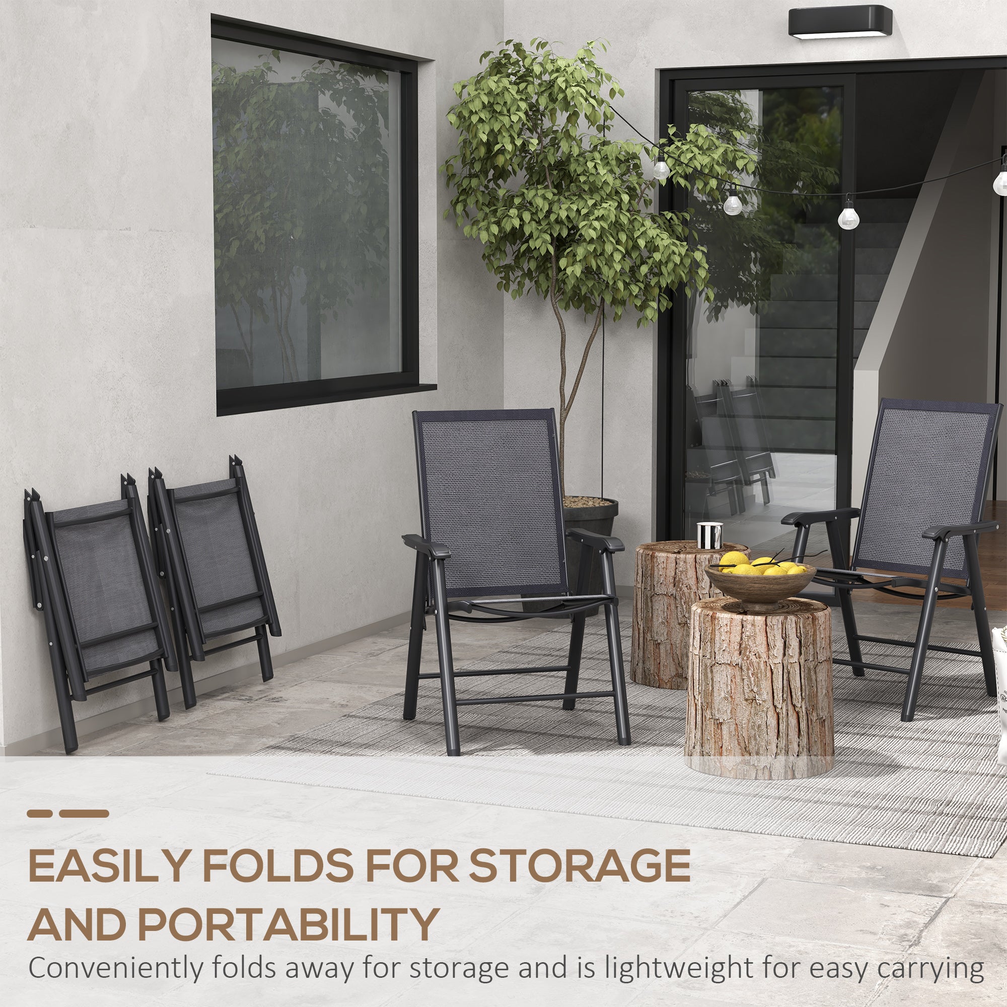 4-Piece Folding Chair Set for Relaxing on Patio Balcony Garden, Comfortable Outdoor Furniture with Armrests, Dark Grey