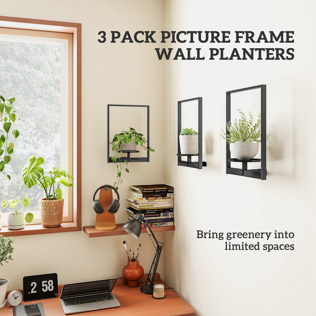 3 Pack Wall Planters for Indoor Plants, Wall-Mounted Metal Plant Stand Shelves, Picture Frame Wall Decor Hanger