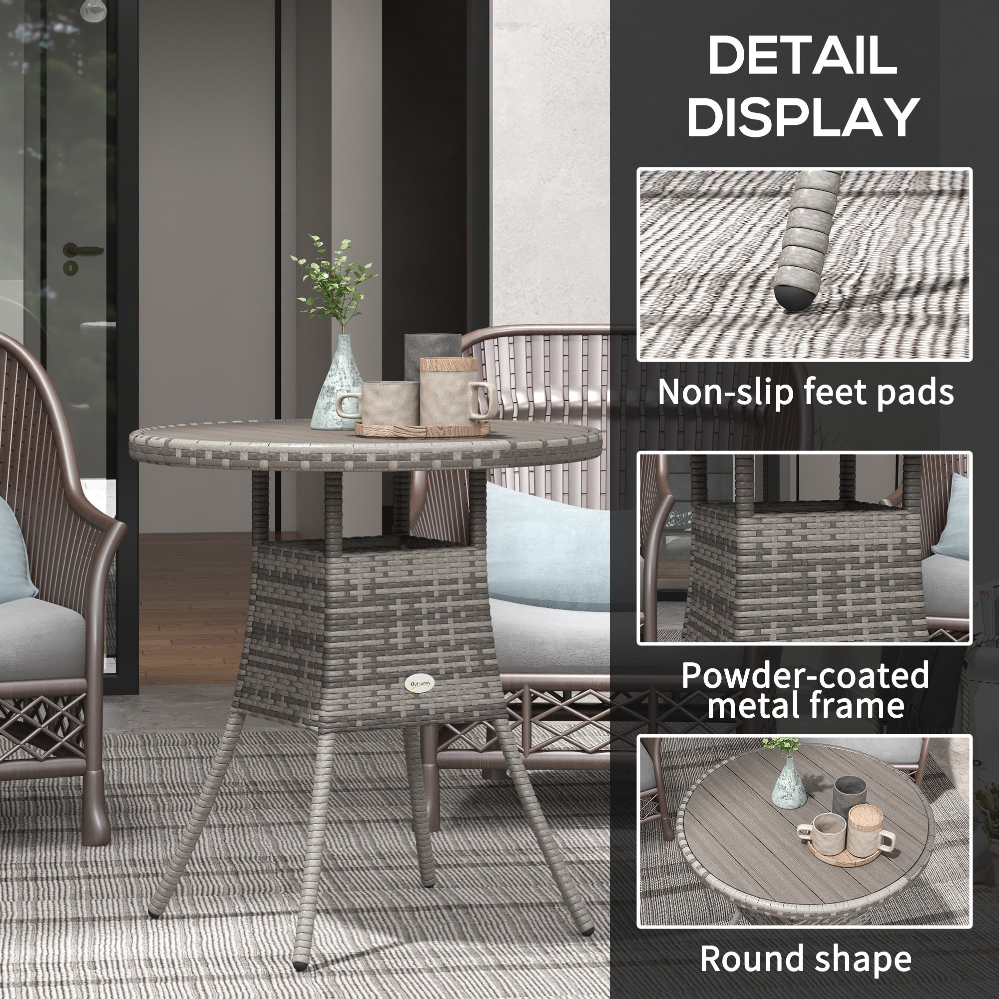 27.5" Outdoor Wicker Dining Table, PE Rattan Patio Furniture with Wood-plastic Composite Top, Grey