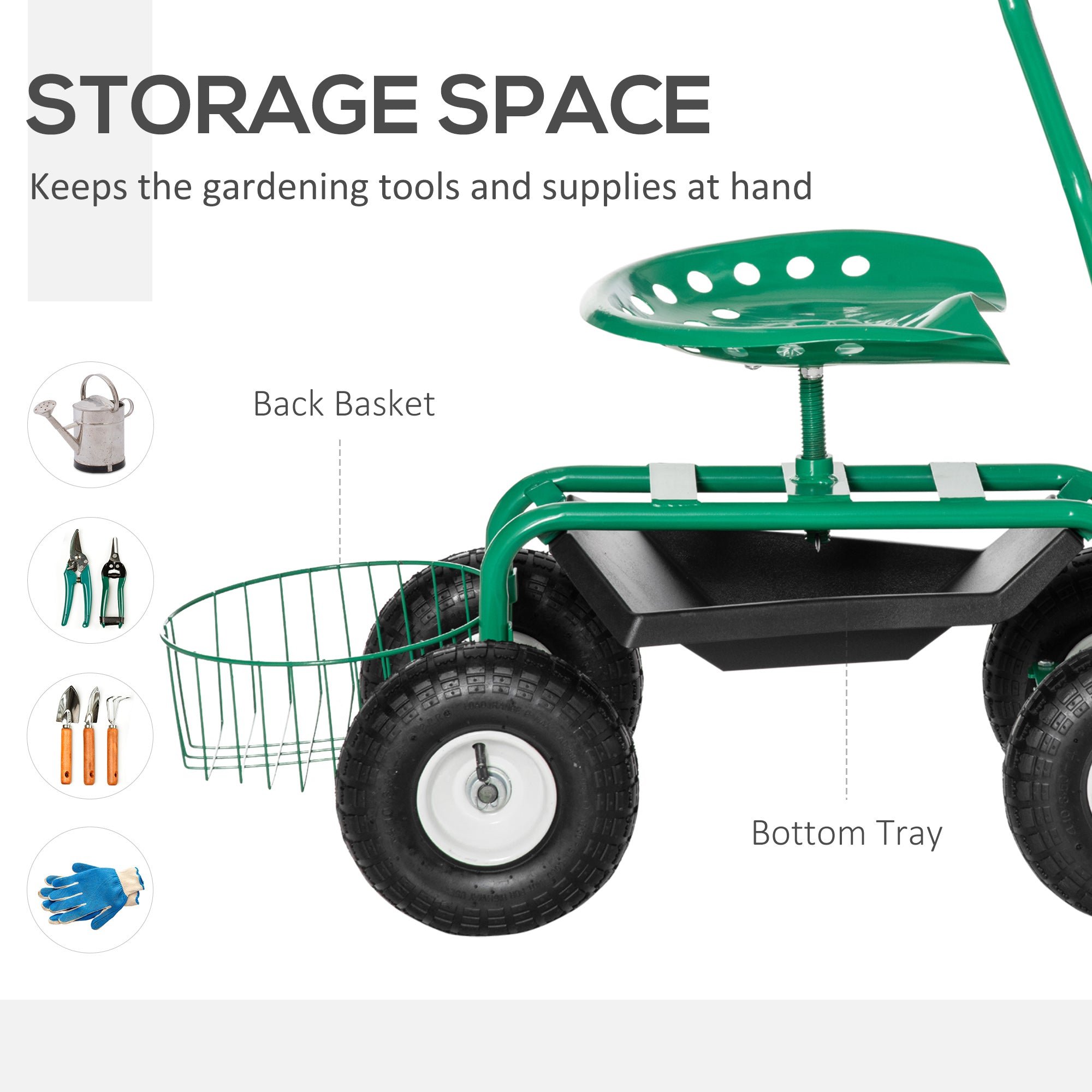 Garden Scooter, Rolling Cart with Swivel and Adjustable Seat, Tool Tray, Bucket Basket, Green and Black