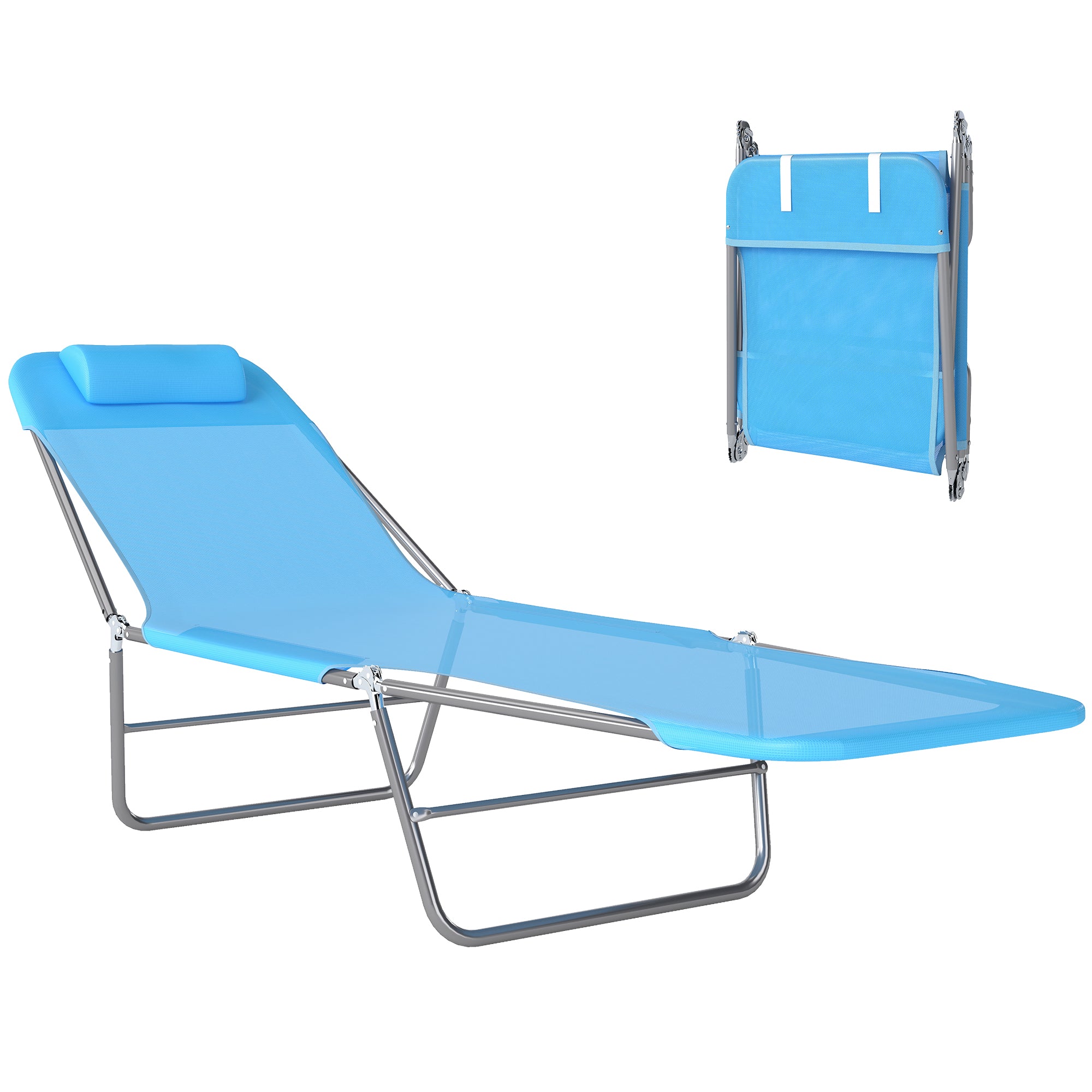 Outdoor Lounge Chair, Portable Adjustable Reclining Seat Folding Chaise Lounge Patio Camping Beach Tanning Chair Bed with Pillow, Blue