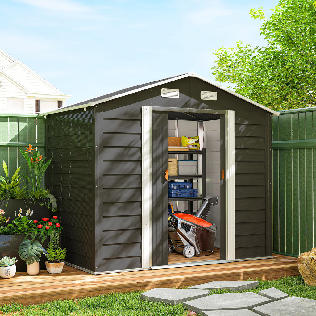 7.7' x 6.5' Outdoor Metal Garden Shed House Hut Gardening Tool Storage with Ventilation, Dark Grey