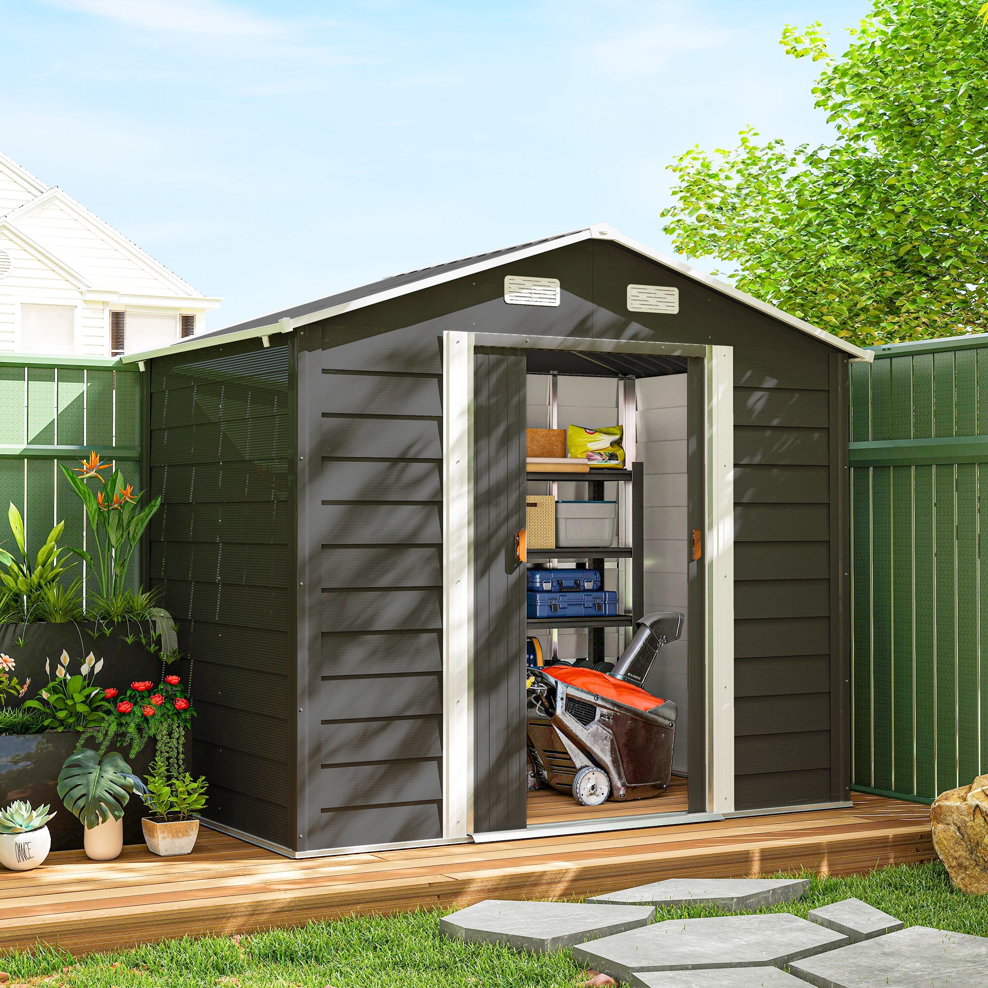 7.7' x 6.5' Outdoor Metal Garden Shed House Hut Gardening Tool Storage with Ventilation, Dark Grey