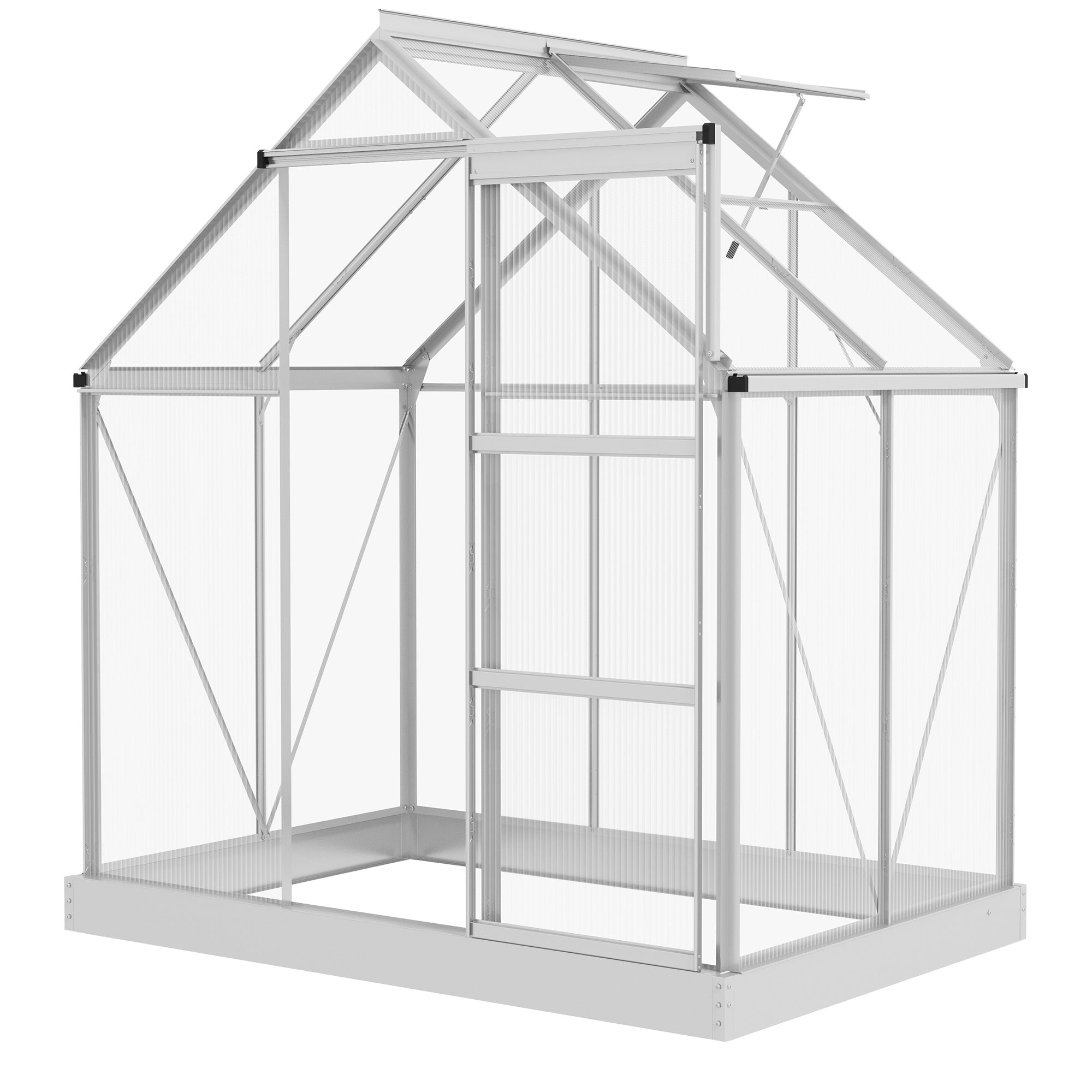 6' x 4' Walk-In Greenhouse, Polycarbonate Greenhouse with Sliding Door, Window, Aluminium Frame, Foundation, Silver
