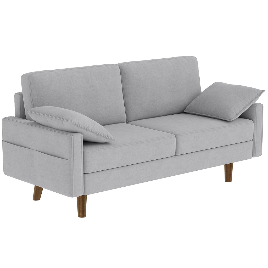 3 Seater Sofa, Velvet Upholstered Couch with Spring Cushions, Rubber Wood Legs and 2 Pillows, Grey
