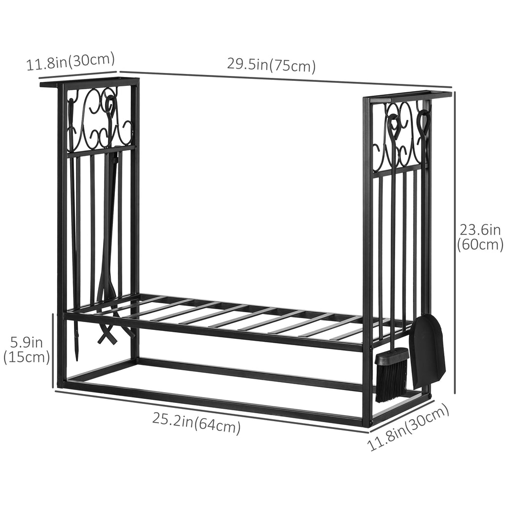 29.5" x 11.75" x 23.5" Heavy Duty Firewood Wood Log Rack Vintage Design Firewood Storage Shelf w/ 4 Tools, Black