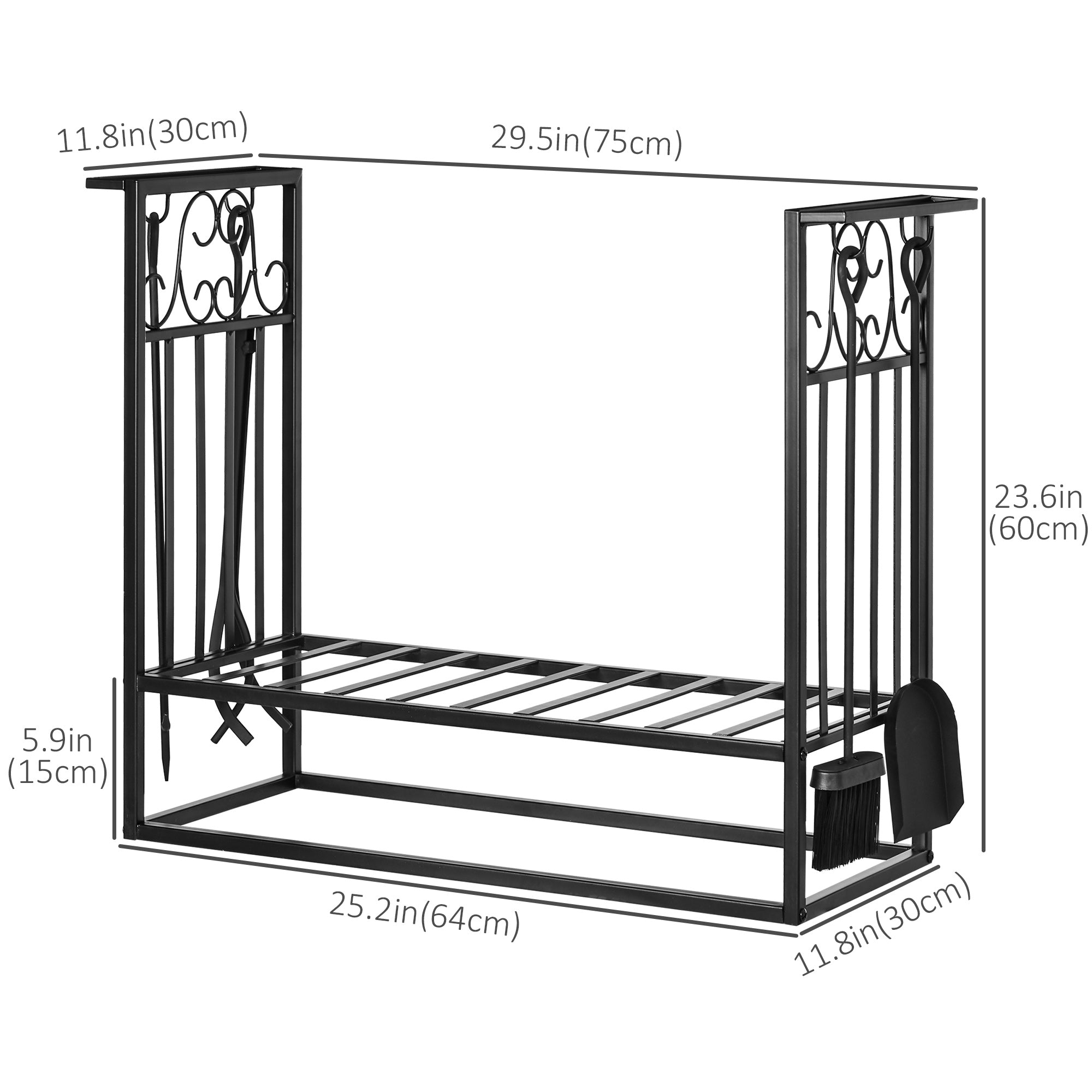 29.5" x 11.75" x 23.5" Heavy Duty Firewood Wood Log Rack Vintage Design Firewood Storage Shelf w/ 4 Tools, Black