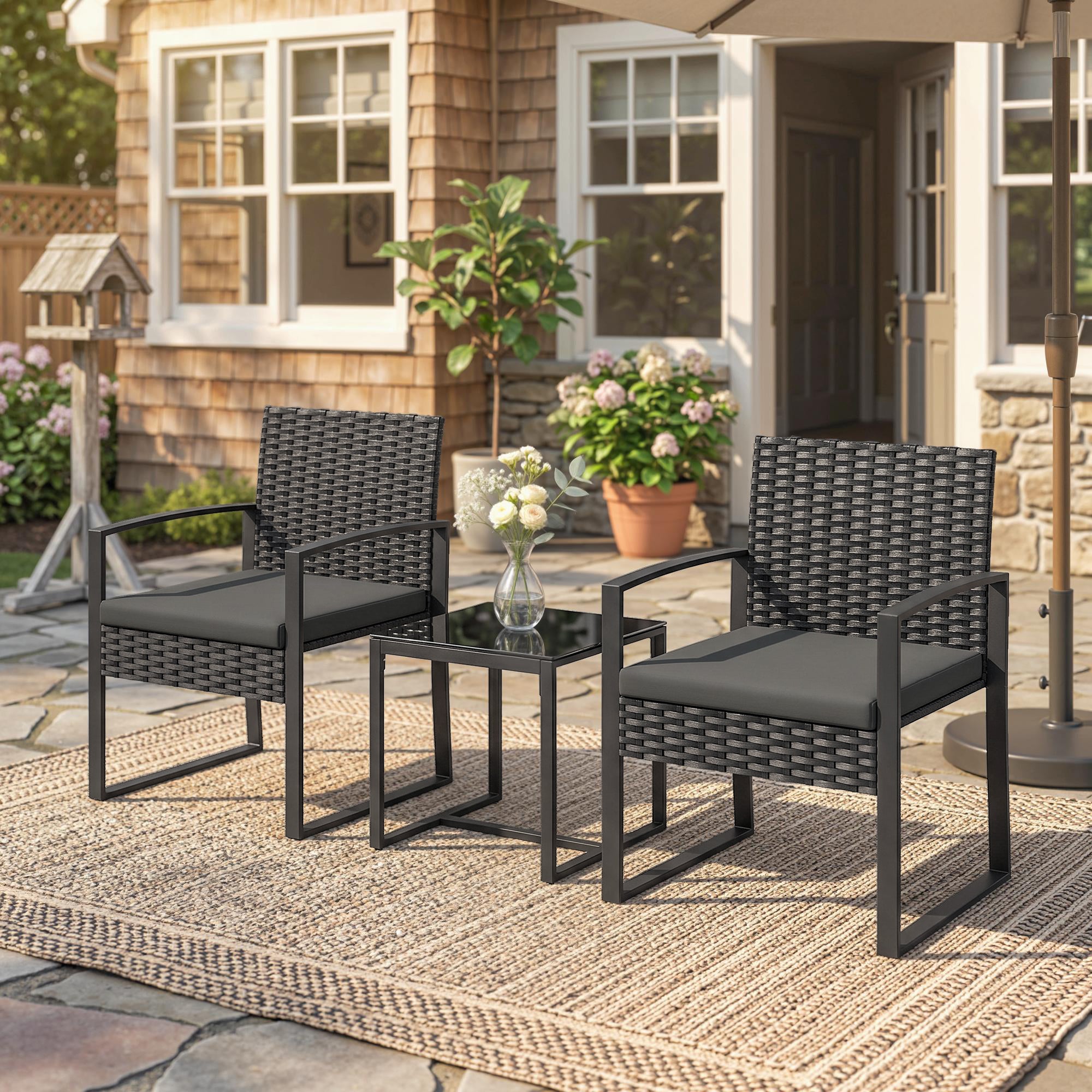 Outdoor Bistro Set, 3 Piece Wicker Patio Furniture Set with Glass Top Table and Cushions for Porch, Balcony, Dark Grey