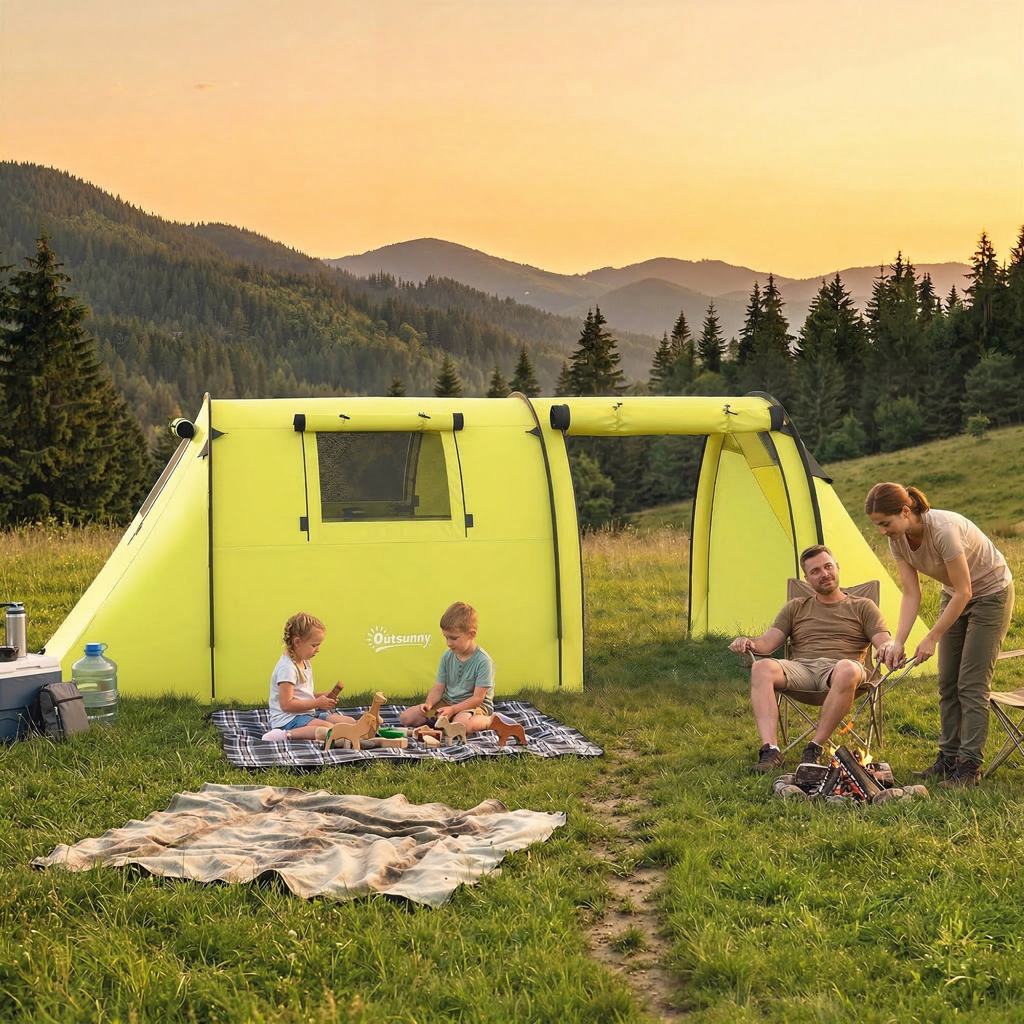 3-4 Person Camping Tent with 2 Rooms, 3000mm Waterproof Portable Family Tent with Carry Bag, Yellow