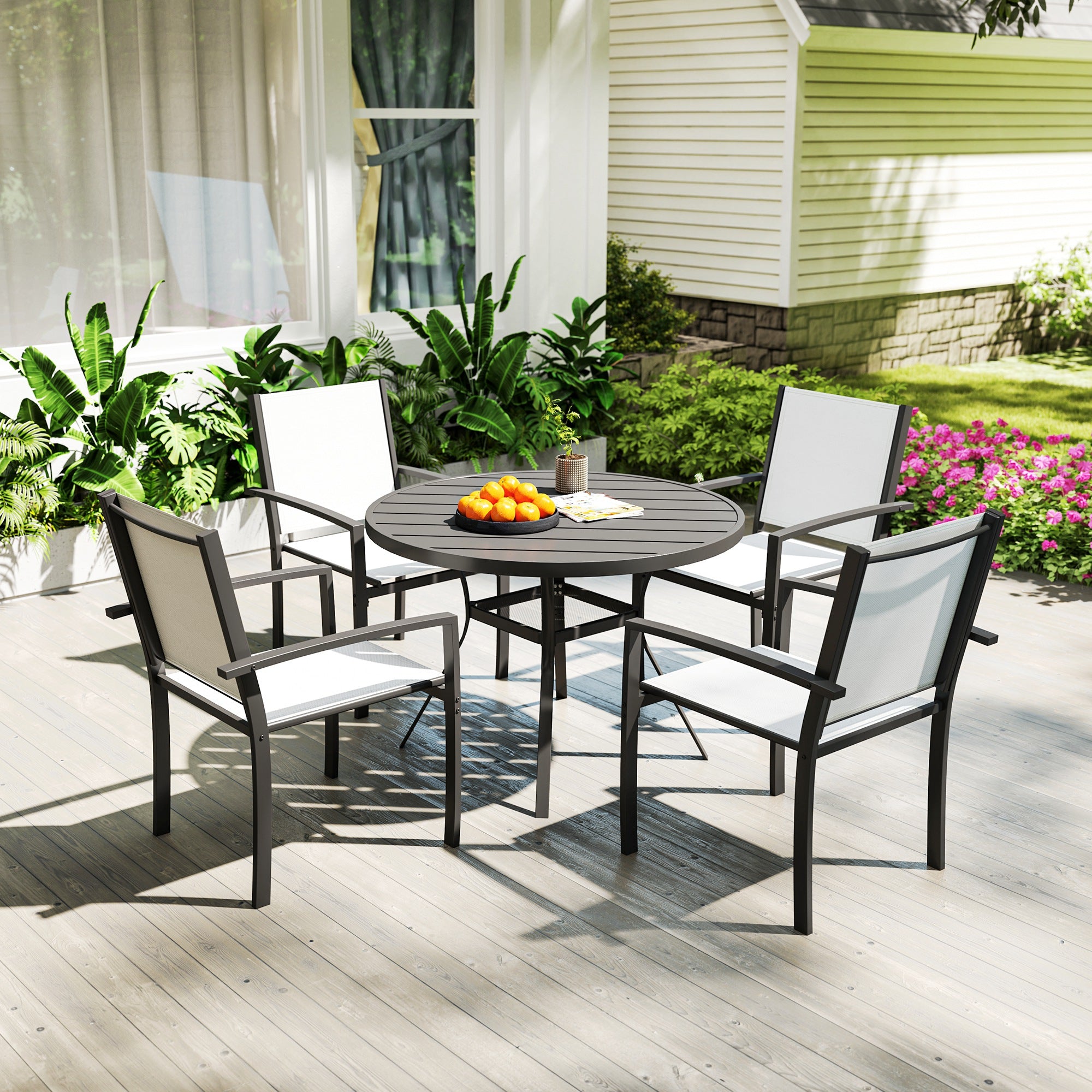 5 Piece Outdoor Dining Set with Round Table and 4 Stackable Chairs, for Backyard, Lawn, Deck, Balcony, Pool Side