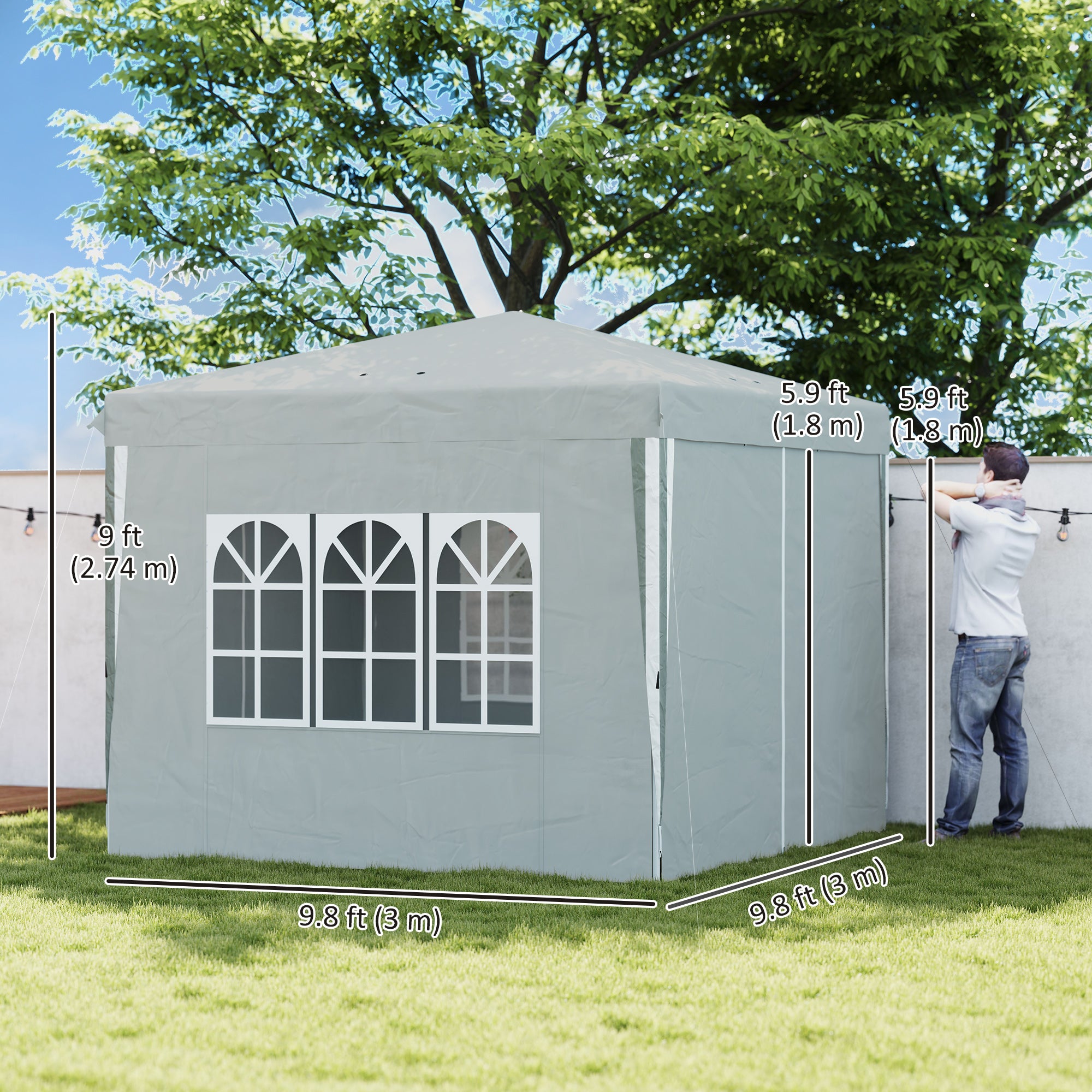 10' x 10' Pop-Up Canopy Tent with Sidewalls, Height-Adjustable, Carry Bag Included, for Outdoor, Garden, Patio, Light Grey