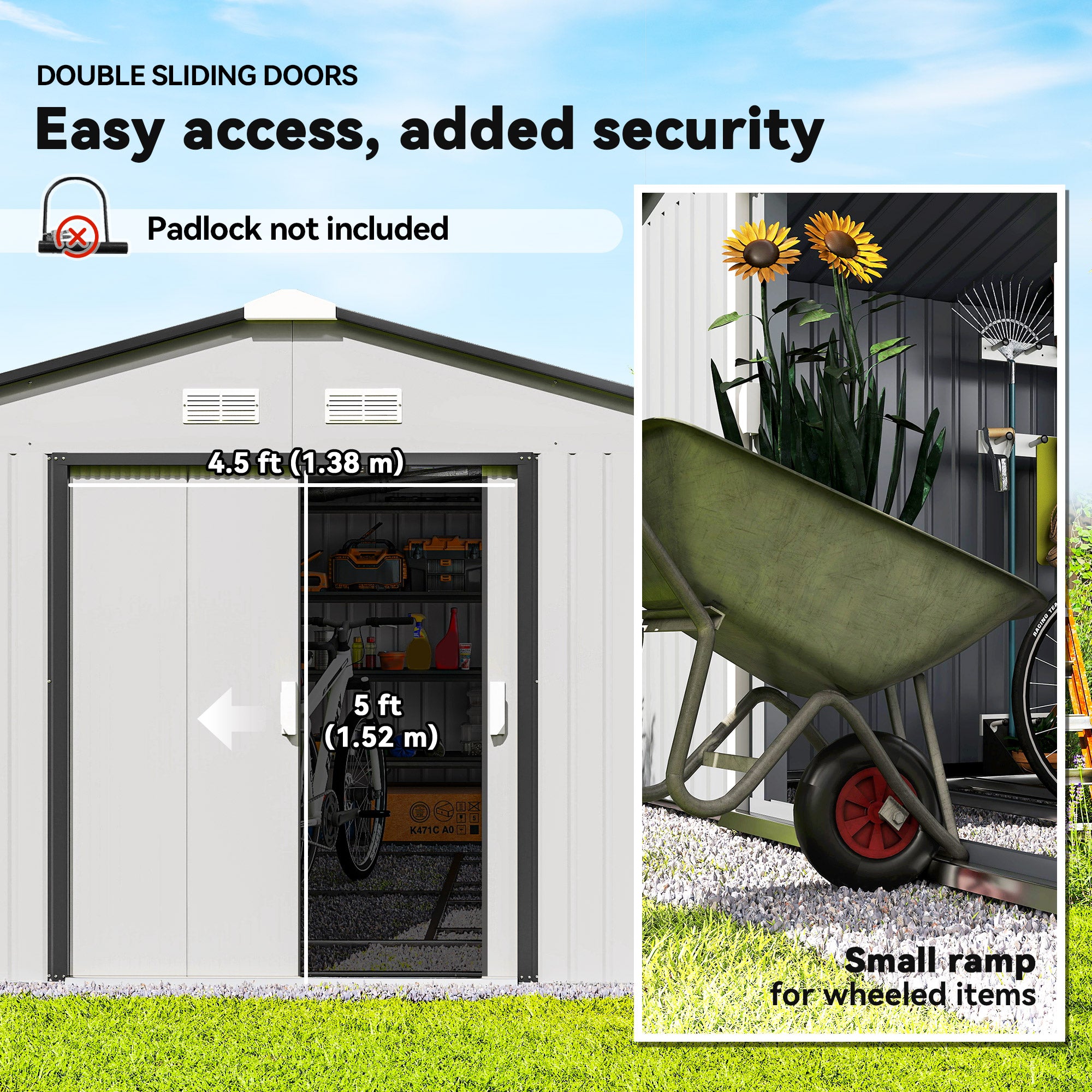 11' x 13' Garden Storage Shed w/ Foundation Kit Metal Tool Storage House w/ Double Doors White