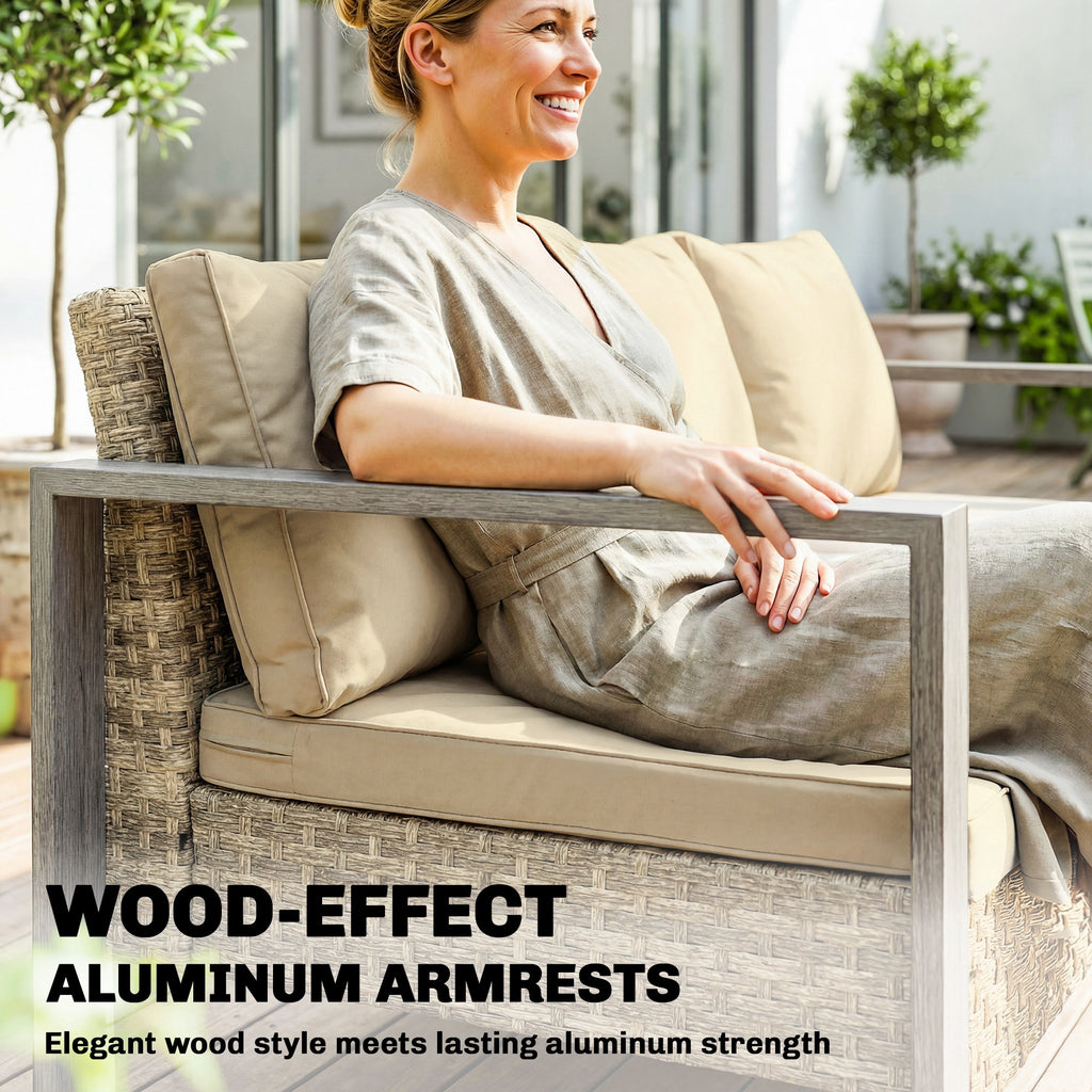 3-Seater Outdoor Couch, PE Wicker Patio Sofa with Deep Seat, Wood-Effect Aluminum Armrests, Cushions, Khaki