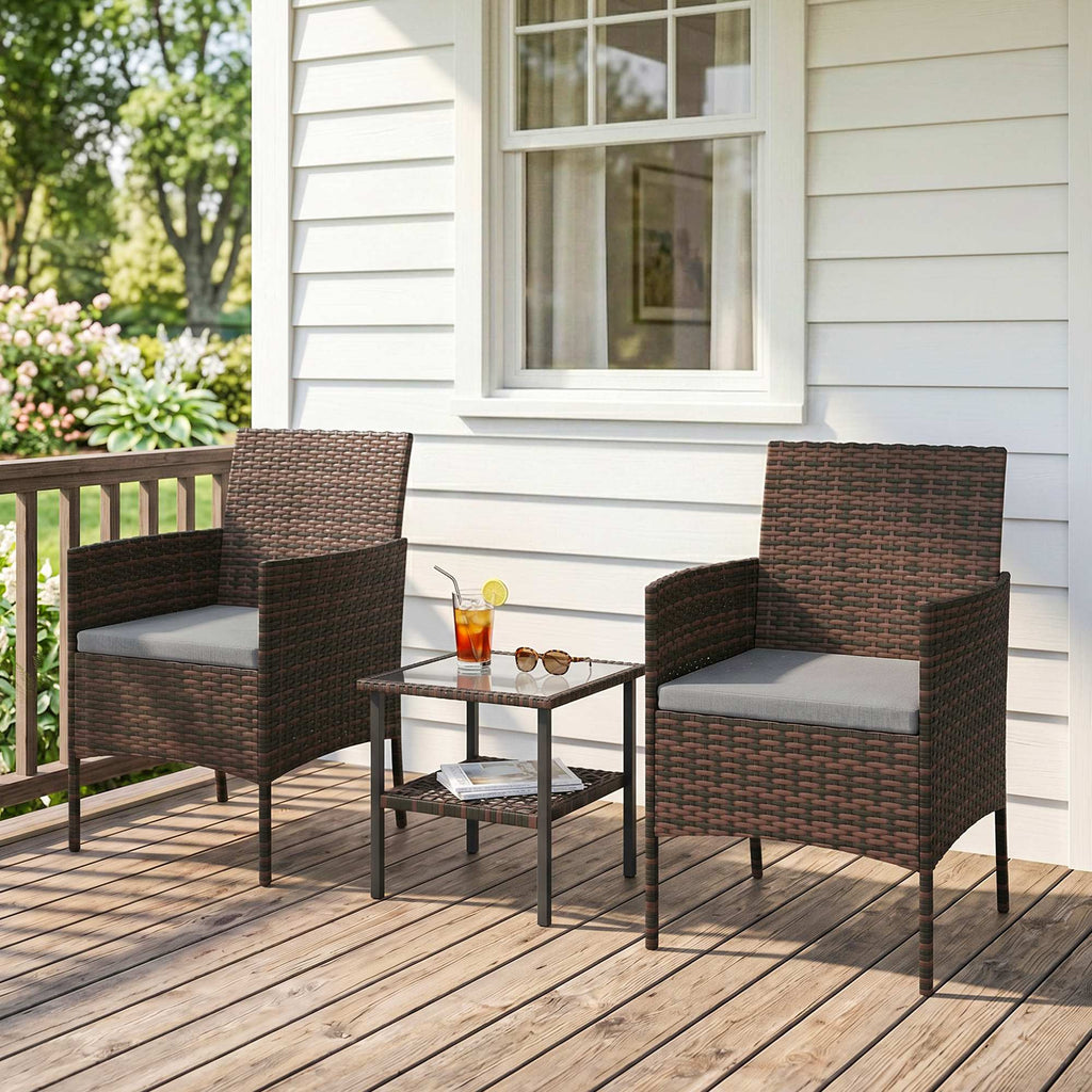 Wicker Bistro Set, 3 Piece Patio Furniture Set with 2-Tier Glass Top Table, Cushions for Balcony, Porch, Dark Grey