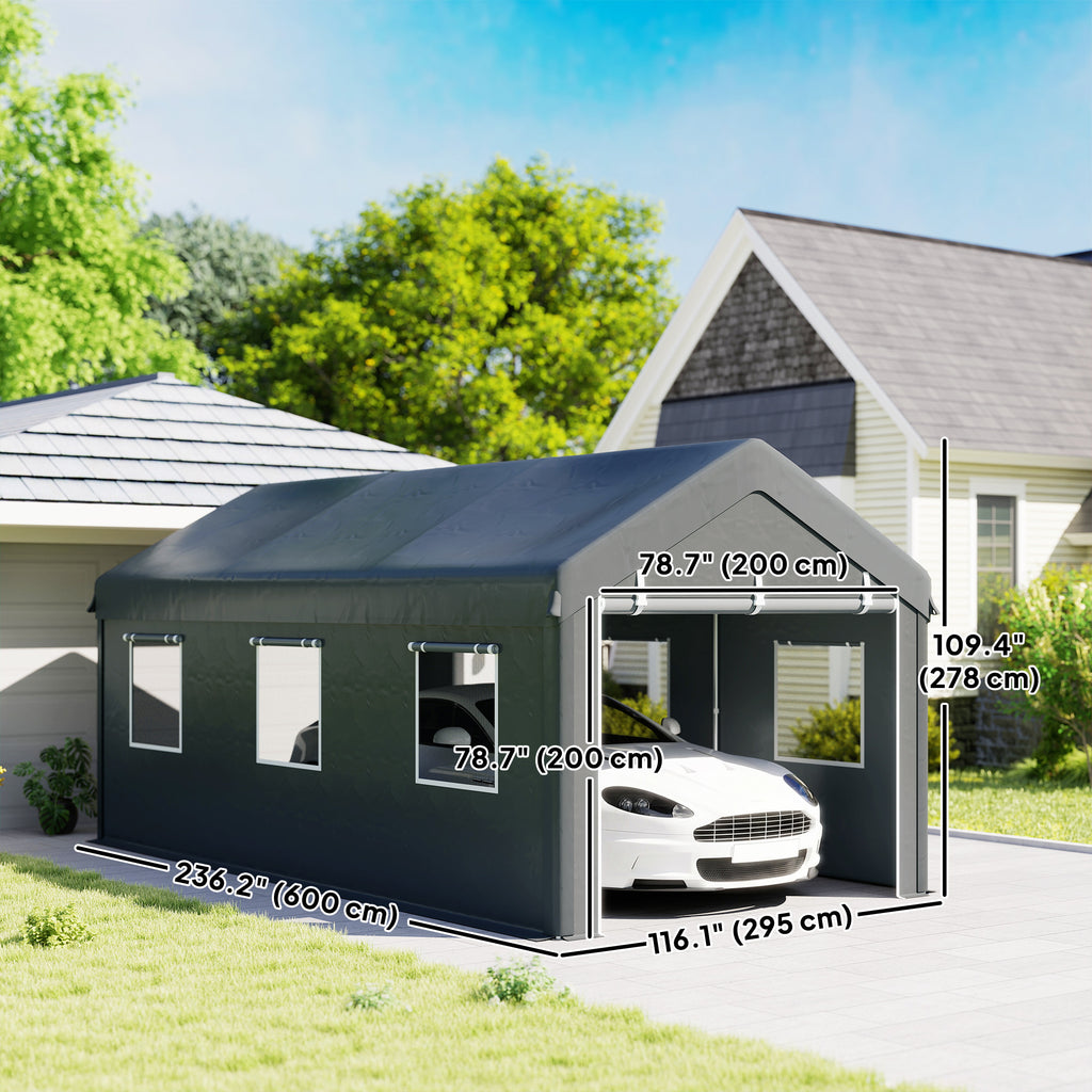 10' x 20' Carport, Heavy Duty Portable Garage with 6 Mesh Windows and 2 Doors, Dark Grey